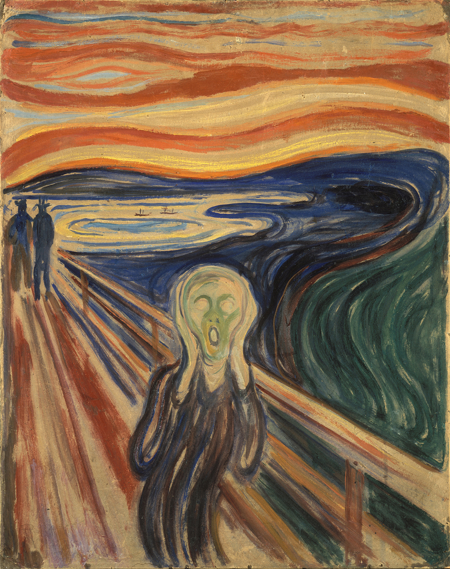 Expressionist painting of a gaunt human figure in the foreground, clutching their skeletal face and screaming in apparent angst, with a blood-red dusk rendered in undulating curves over an abstract fjord scene in the background. 