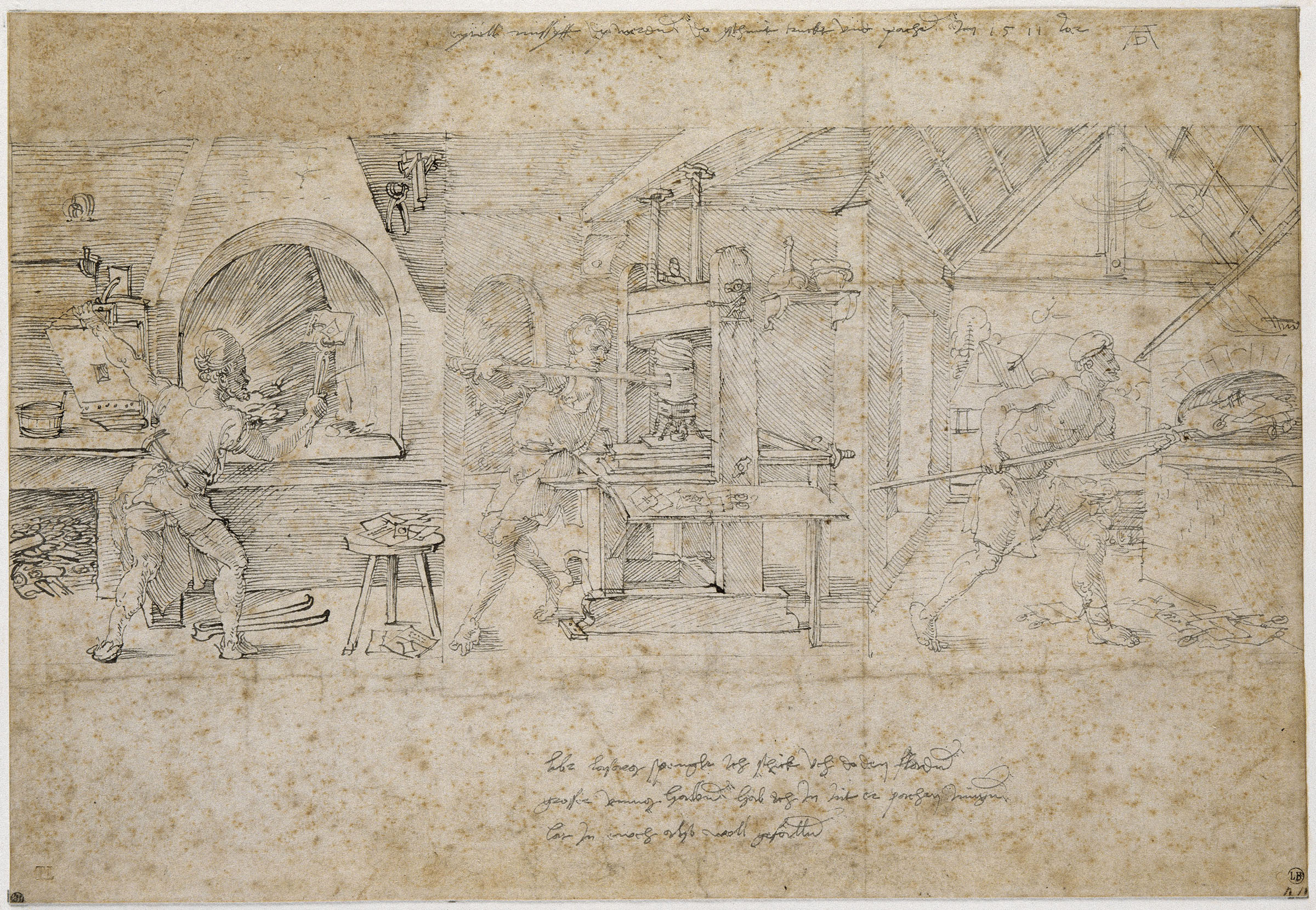 A faded print on yellowed paper picturing three men at work, sketched in thin black outlines.