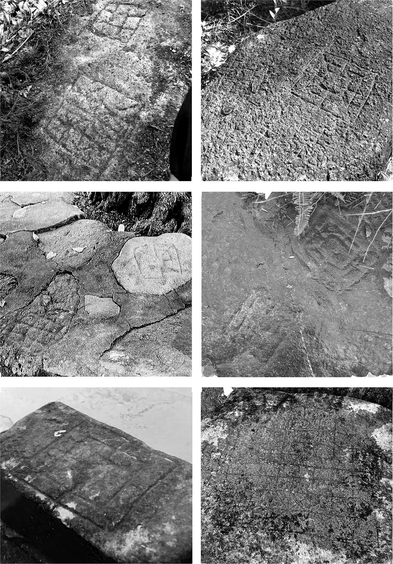 Six rock surfaces carved with shapes and lines are arranged in three rows and two columns