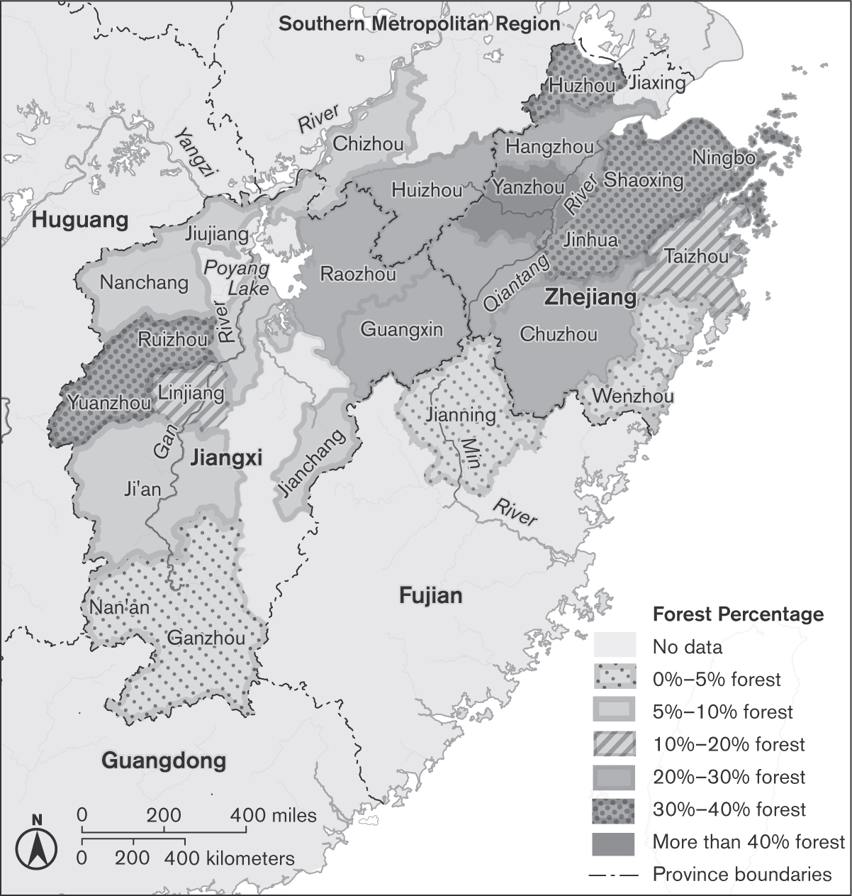 Map of the southern region of China showing the percent of forest cover in different provinces, ranging from none to over 40%.
