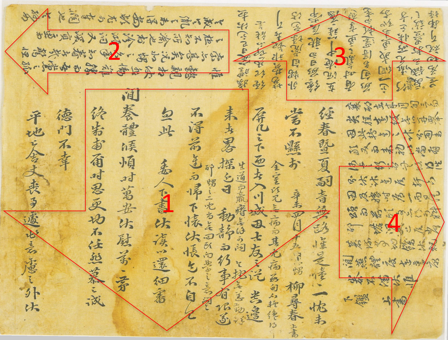 A handwritten letter in literary Chinese on yellowish paper. Arrows have been added to show four different reading directions.