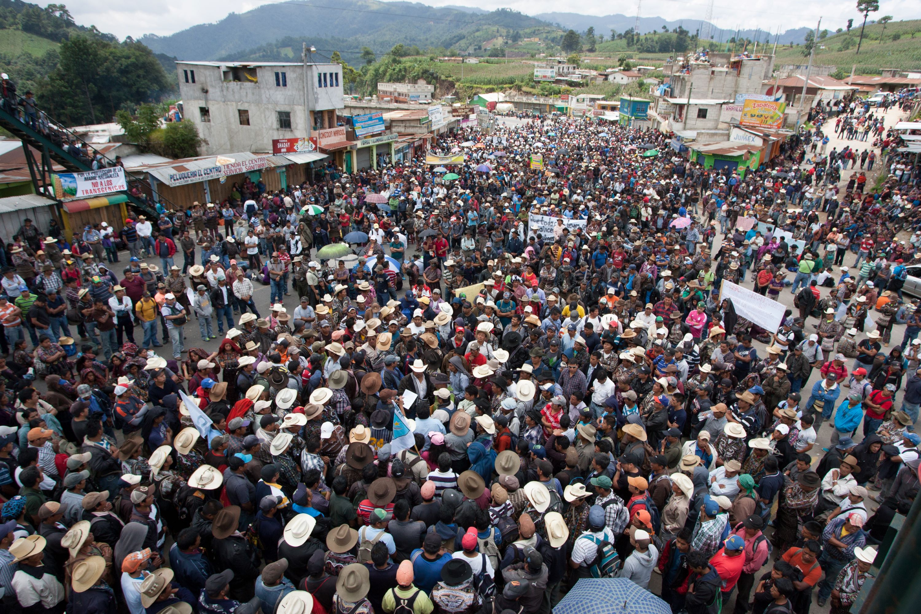 A massive crowd of people in streets flanked by buildings.