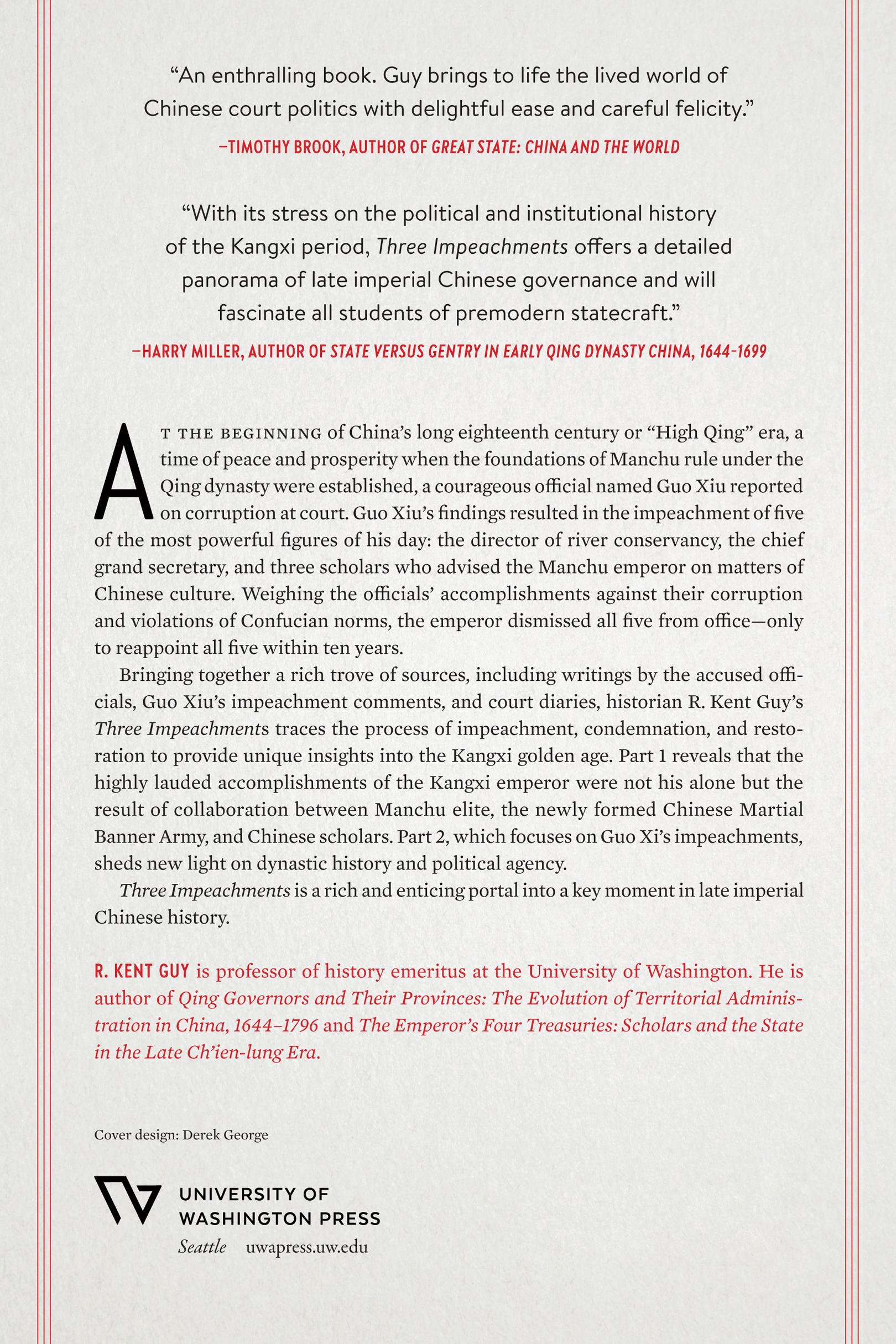 Back Cover: Three Impeachments, Guo Xiu and the Kangxi Court by R. Kent Guy