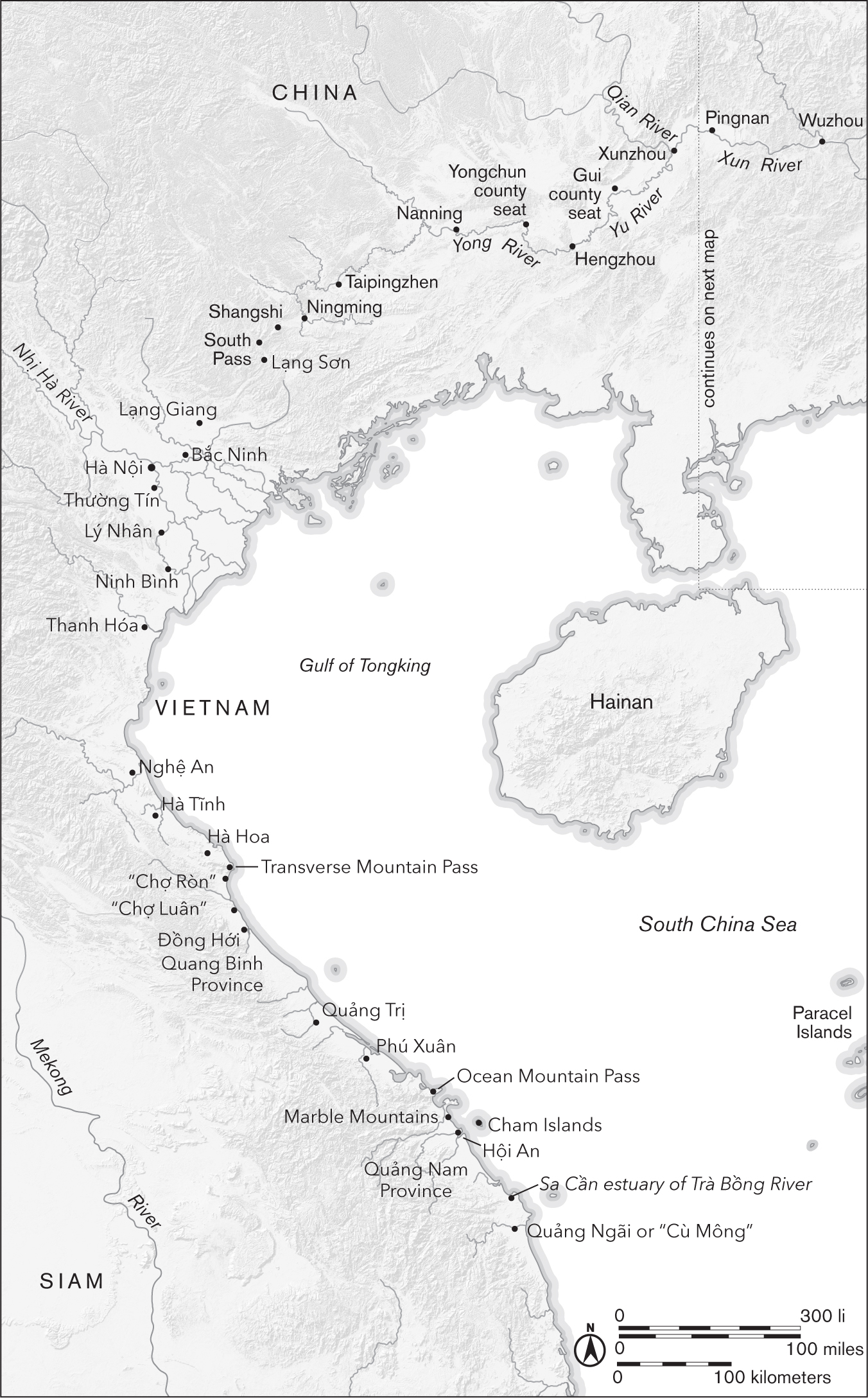 This line-drawn map shows the lands bordering the Gulf of Tonkin, with Vietnam and its many port cities to the west, China to the north, and the island province of Hainan to the east.