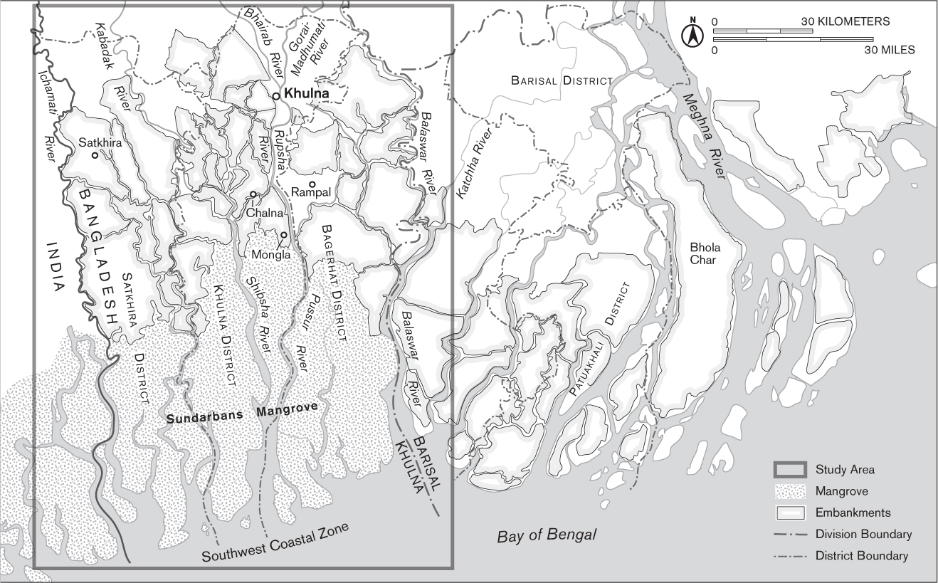 This map provides a more detailed view of the area of the study, including the Sundarbans and the mangroves along the coast. The area covers the Satkhira, Khulna, and Bagerhat Districts.
