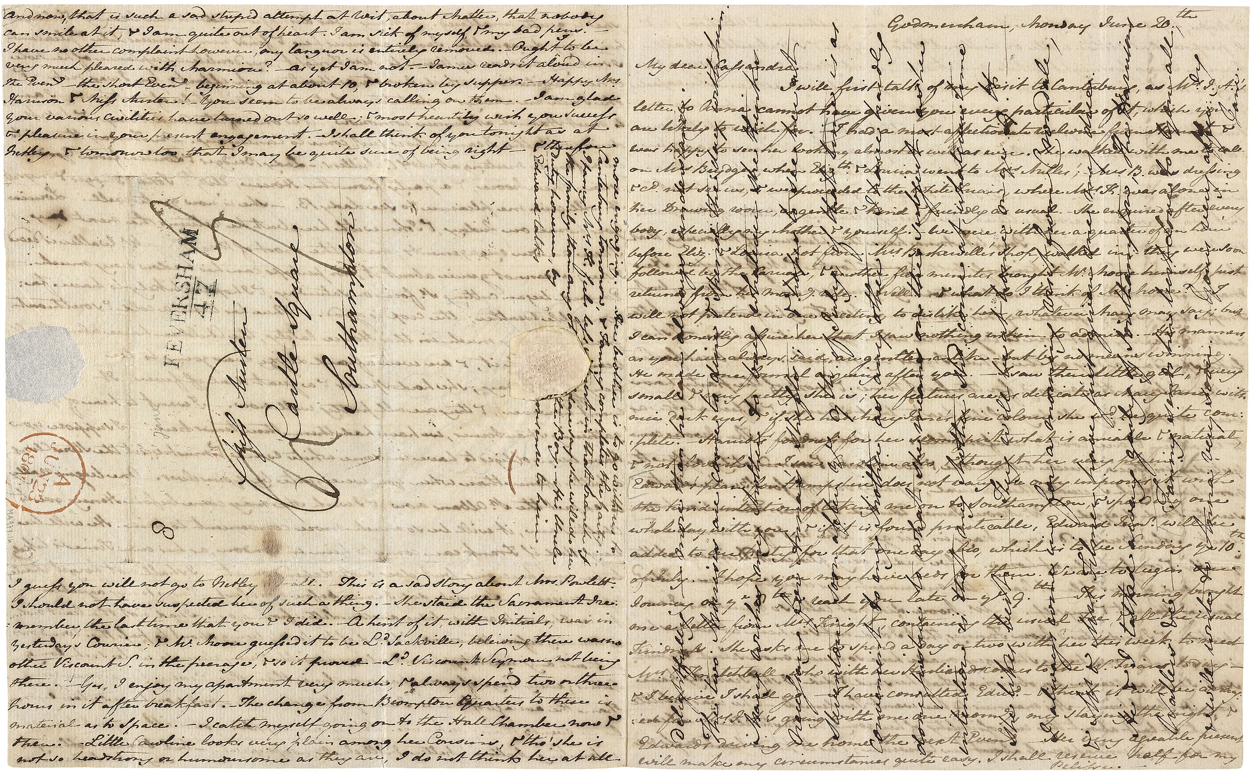 A handwritten letter in English on ecru paper. Lines of script run in different directions across the top, bottom, and side of the left half of the page. On the right half, lines written from left to right cross lines written from bottom to top to form a checkerboard pattern.