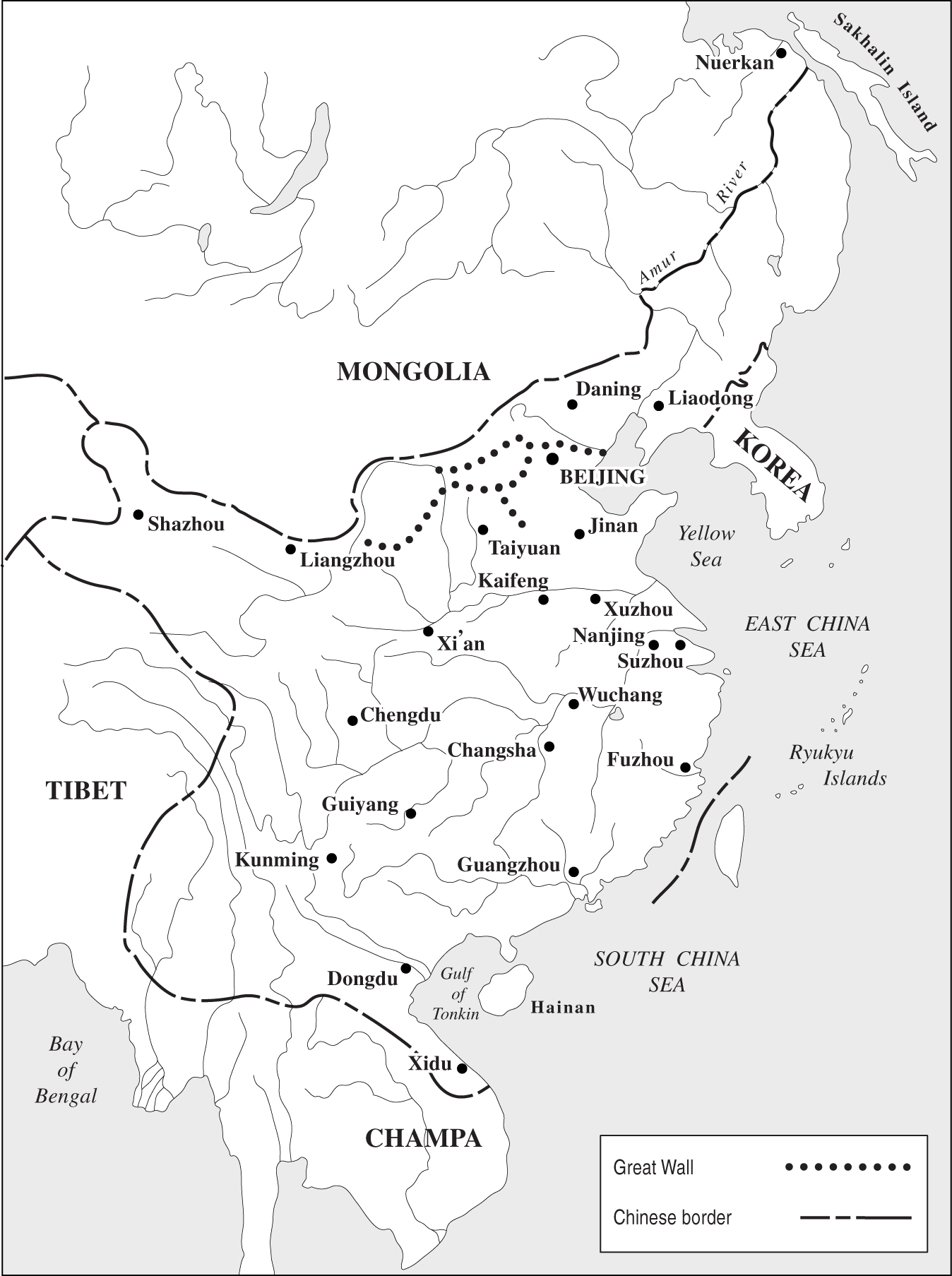 A line-drawn map of Yongle’s empire covering much of modern-day China, with the Korean peninsula to the northeast, Mongolia to the north and northwest, Tibet to the southwest, and Champa to the south, showing the Chinese border and the Great Wall.