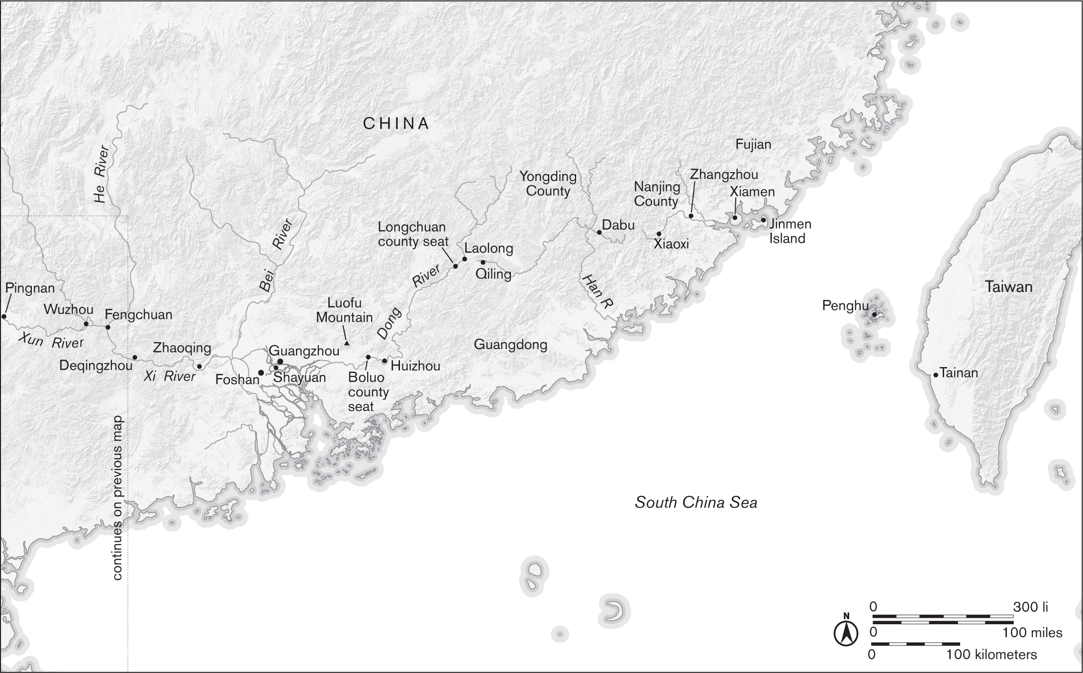 This line-drawn map, covering the territory adjacent to the preceding map, shows the coasts of Guangdong and Fujian along the South China Sea.