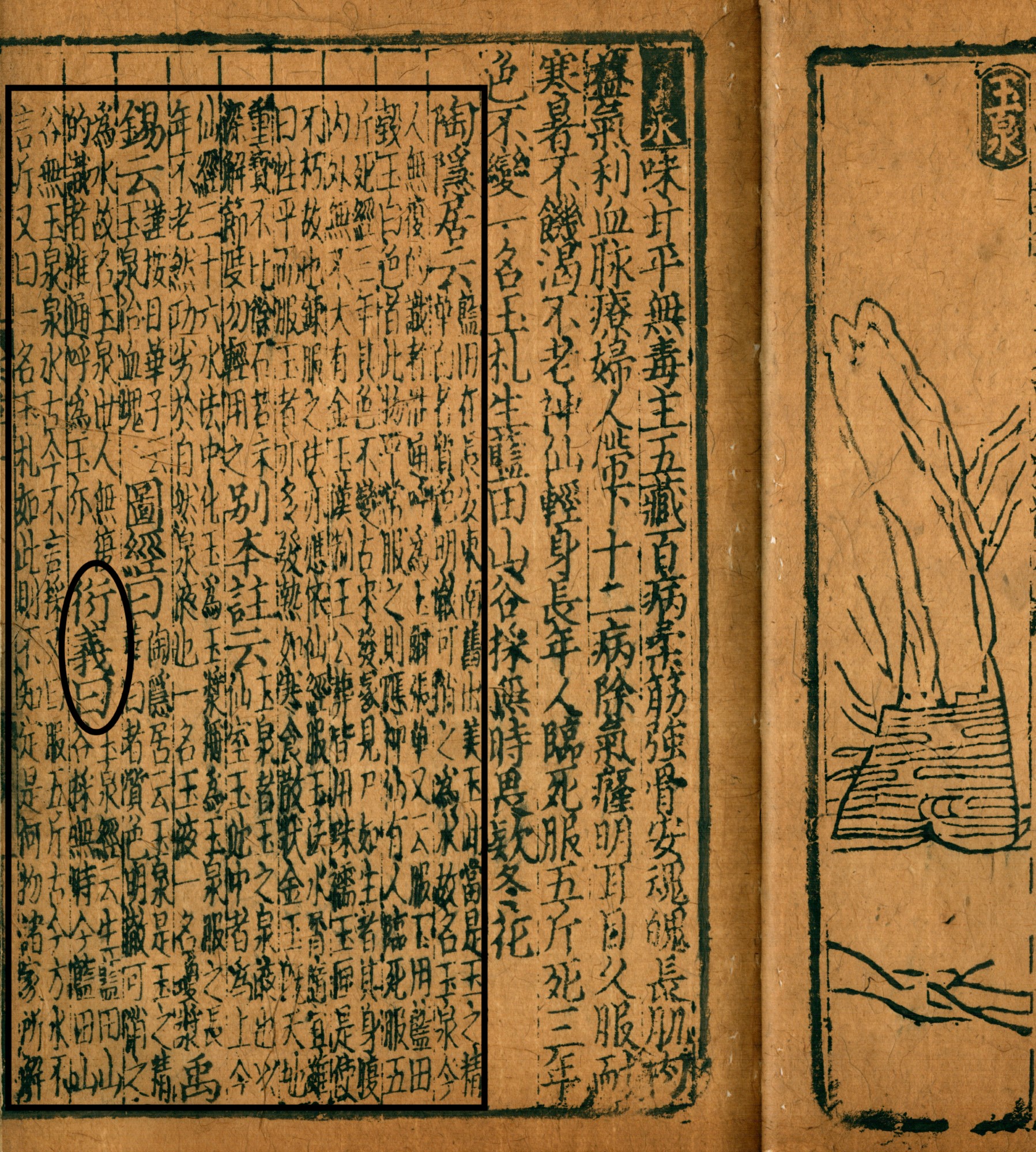 A yellowed manuscript page with several vertical lines of Chinese characters, facing a page with a drawing shown only in part in this illustration.