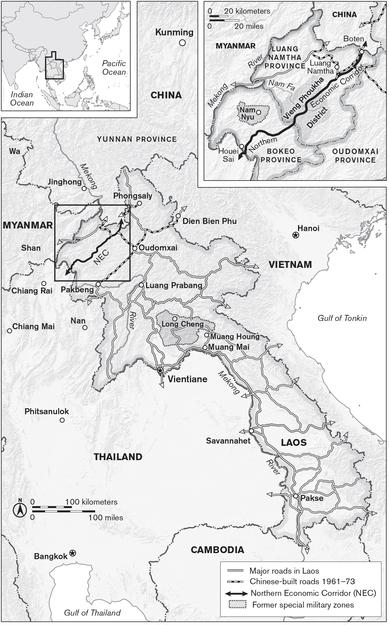 The main map shows Laos’s road network, including the Northern Economic Corridor, which connects China and Thailand via northwestern Laos, and Chinese-built roads constructed in the 1960s and ’70s, also in the northwest. The main map and an inset map also show other locations such as Laos’s capital, Vientiane; Nam Nyu, a former special military zone in the northwestern interior; and Muang Houng, a former resettlement zone in the interior of the central Lao panhandle. A locator map is also included, positioning Laos in mainland Southeast Asia, landlocked between China, Thailand, Myanmar, Cambodia, and Vietnam.