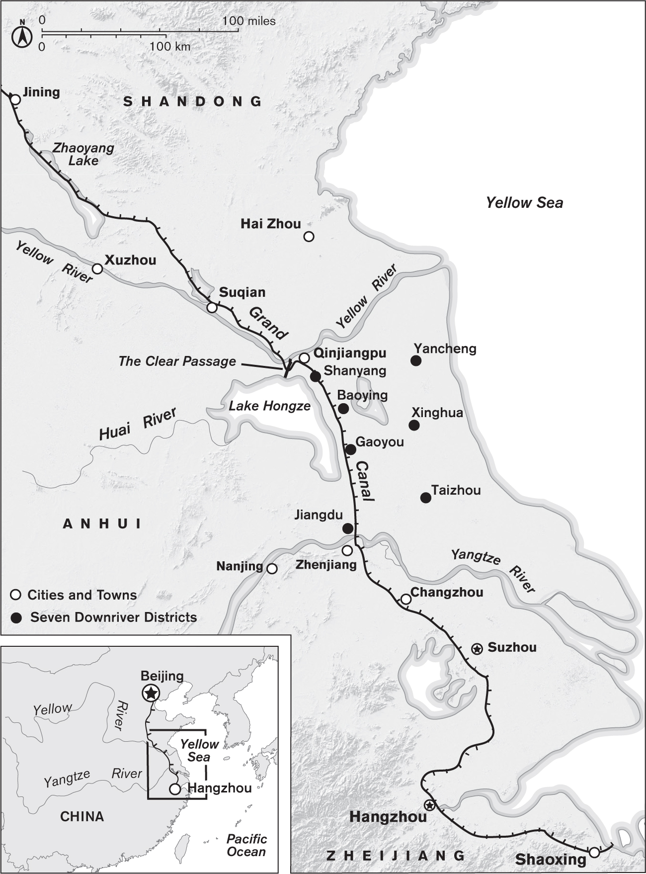 Map of seven districts east of Lake Hongze but north of the Yangtze River. A canal is depicted as a line running from the city of Jining to the city of Shaoxing. The Grand Canal runs from north to south between Shanyang, Baoying, Gaoyou, and Jiangdu with Yancheng, Xinghua, and Taizhou further east.