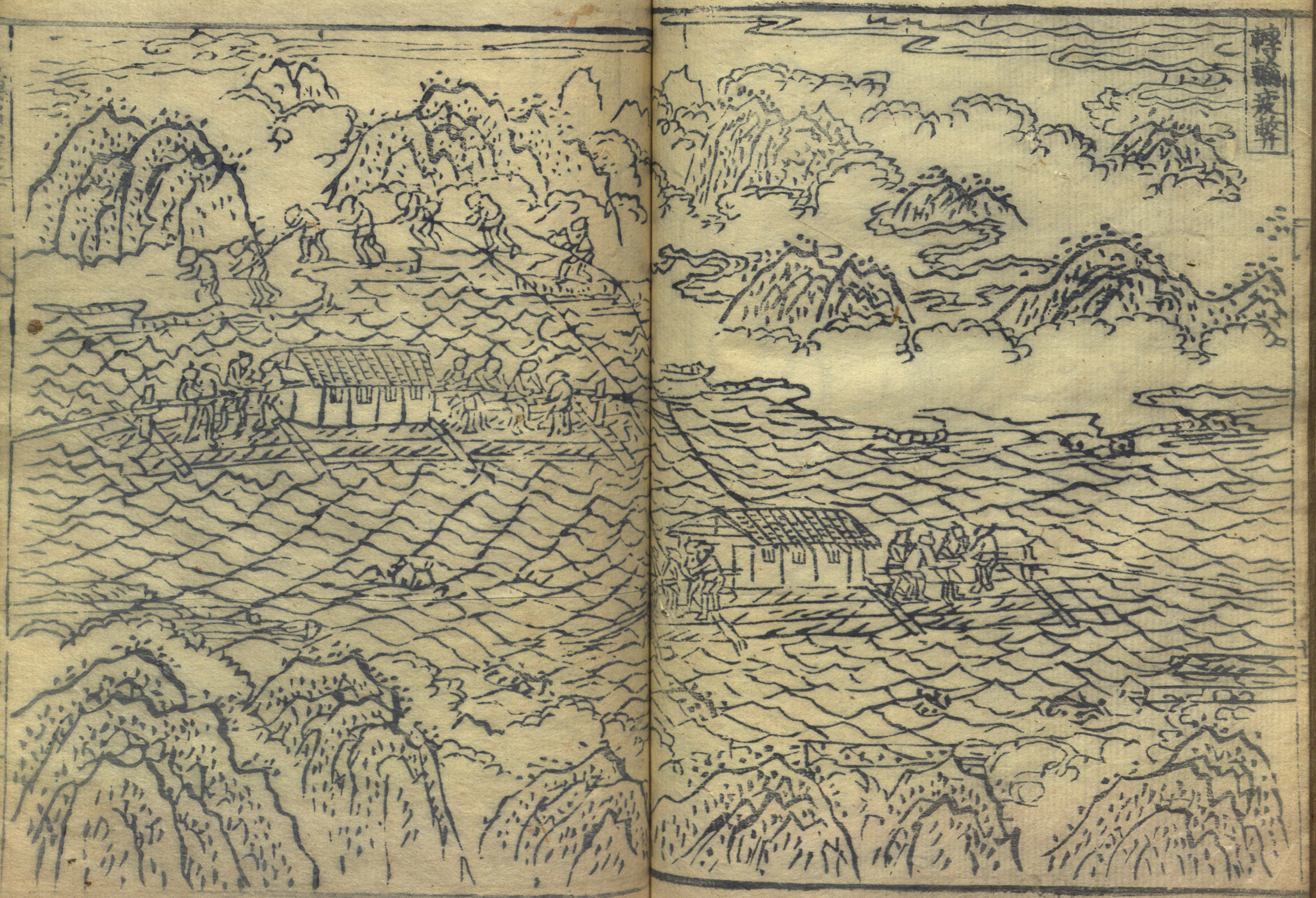 A print with black ink on yellowed paper showing groups of men on two boats floating logs down a river while others pull using rope from the shore, with mountains in the foreground and background.