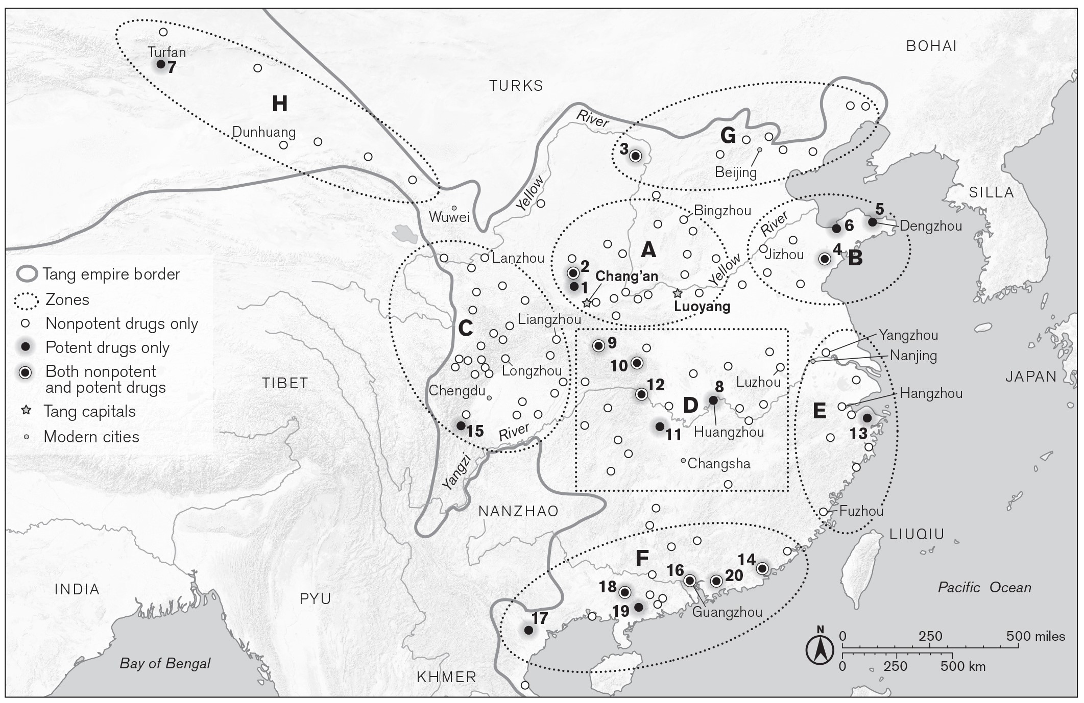 In a map of China and surrounding countries, 118 locations are keyed to show whether they contributed nonpotent drugs only (98 locations), potent drugs only (10 locations), or both nonpotent and potent drugs (10 locations) as tribute to the Tang court. Zones bounded by dotted lines and labeled with the letters A through H are discussed in the text and table 4.1. The map also shows Tang capitals and modern cities, as reference points.