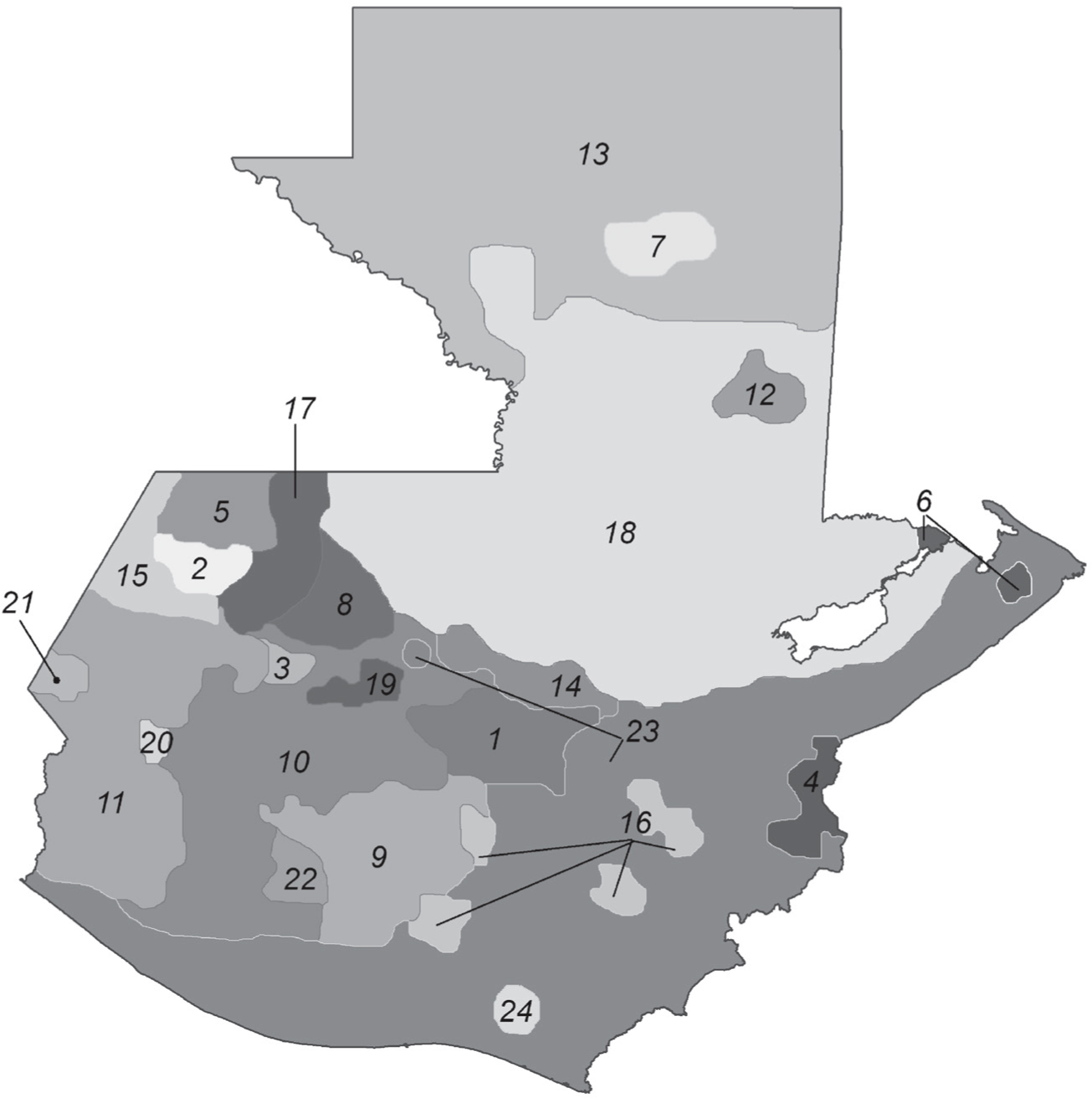 Map of Guatemala with twenty-four numbered linguistic communities.