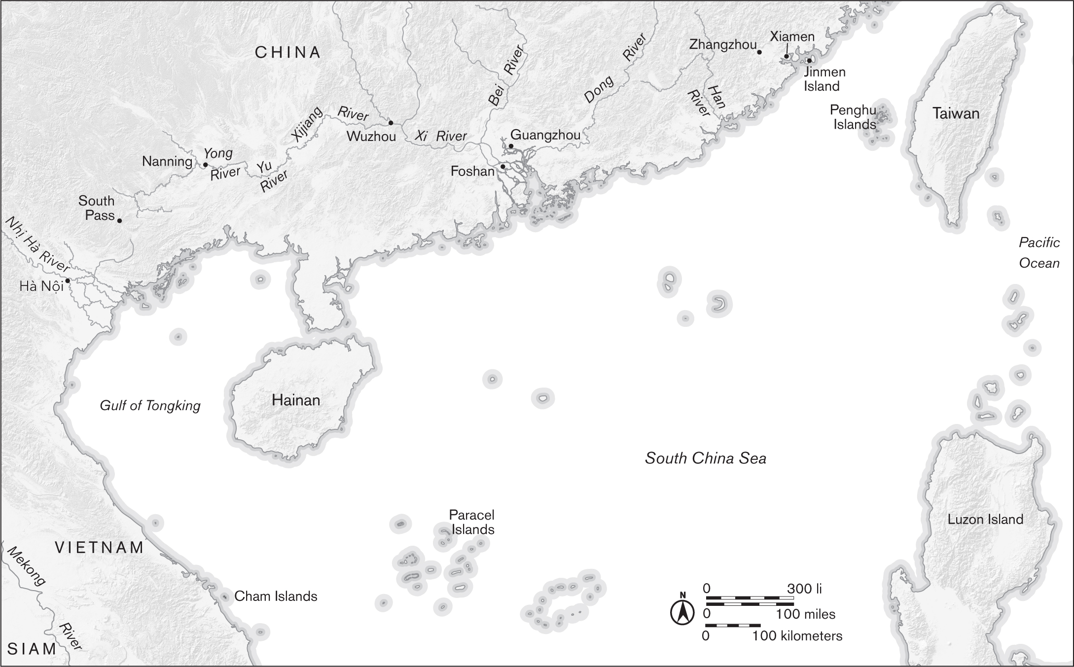 This line-drawn map shows the lands bordering the South China Sea, including China to the north, Taiwan to the northeast, Luzon Island to the southeast, the Paracel Islands to the south, and Vietnam to the west across the Gulf of Tonkin.