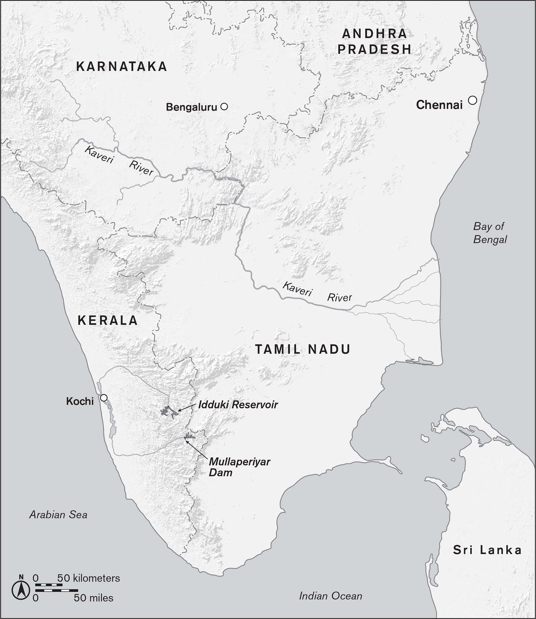 This map shows the Mullaperiyar Dam on Kerala’s side of the border with Tamil Nadu, not far from the Idduki Reservoir.