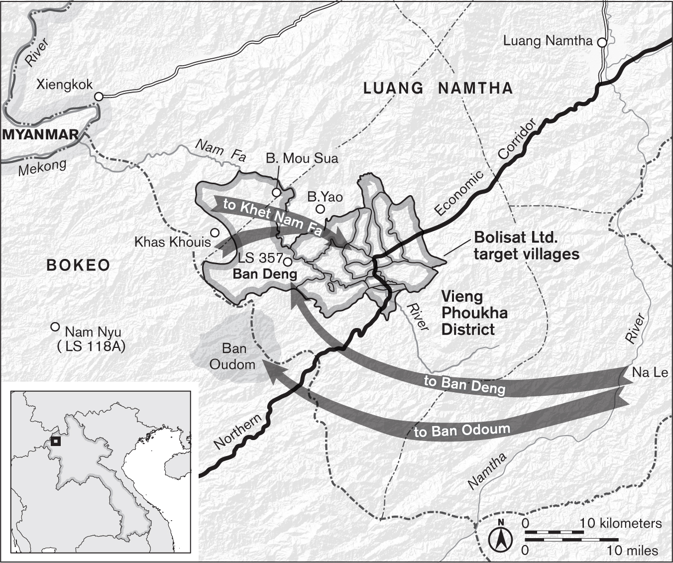 This map of the Vieng Phoukha district shows two sets of arrows pointing in and out of different parts of the area represented on the previous map as the “Bolisat Ltd. cluster.” One pair of arrow points from the Na Le district to the western frontier of Vieng Phoukha, representing resettlement from the east bank of the Namtha River to Ban Deng and, just to the south, Ban Oudom. A second pair of arrows points from the western part of the Bolisat Ltd. cluster to the eastern part, representing consolidated resettlement from Vieng Phoukha’s western frontier to Khet Nam Fa. 