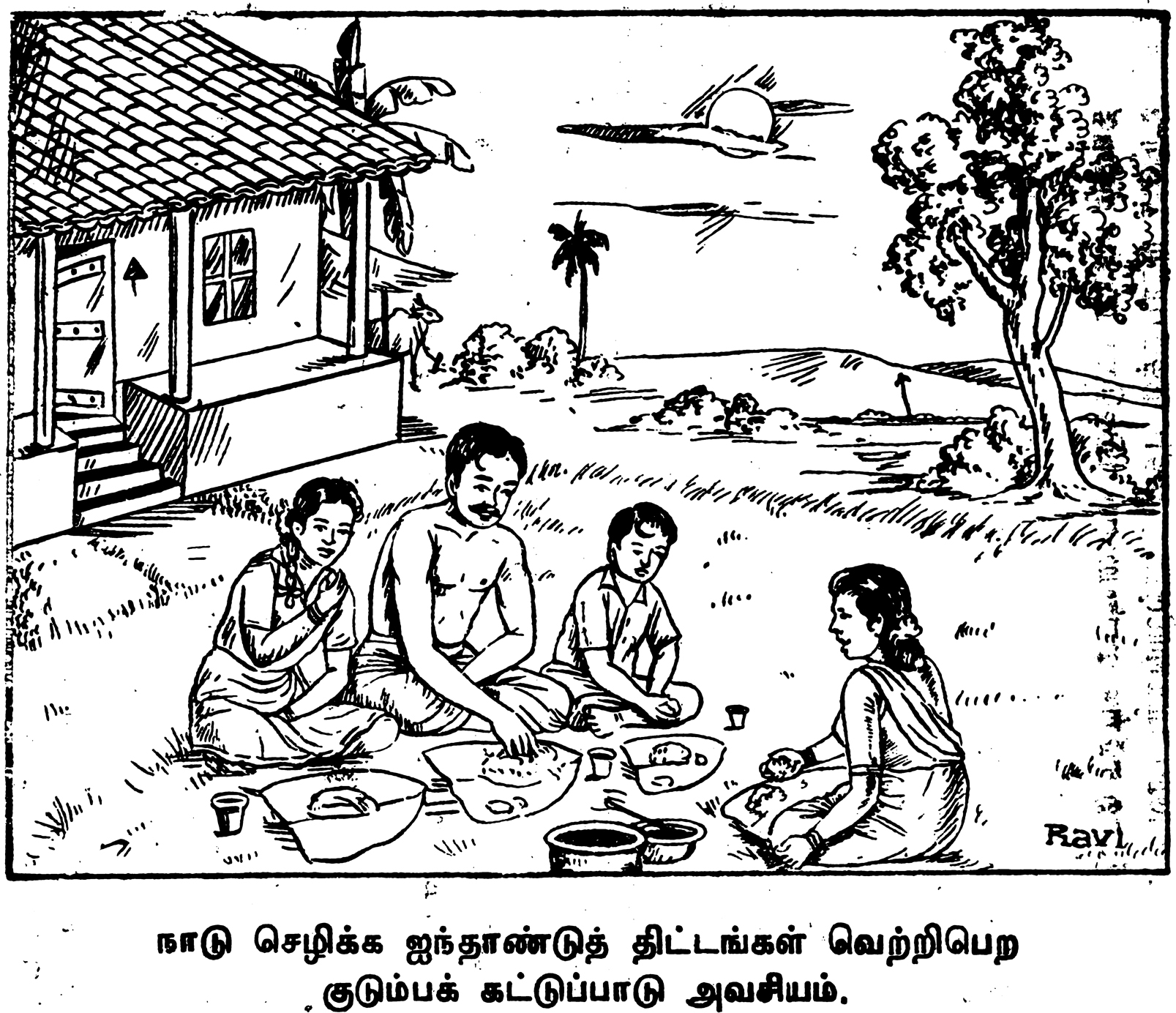Figure 5.6. Drawing of a family eating a meal outside their tiled-roof house, surrounded by agricultural land. The family consists of a husband, wife, daughter, and son. They are well dressed and smiling.