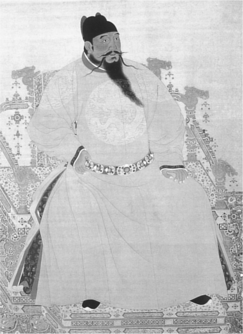A black-and-white version of the image on the cover showing a powerful looking man wearing a robe with an elaborate belt, seated and looking outward.