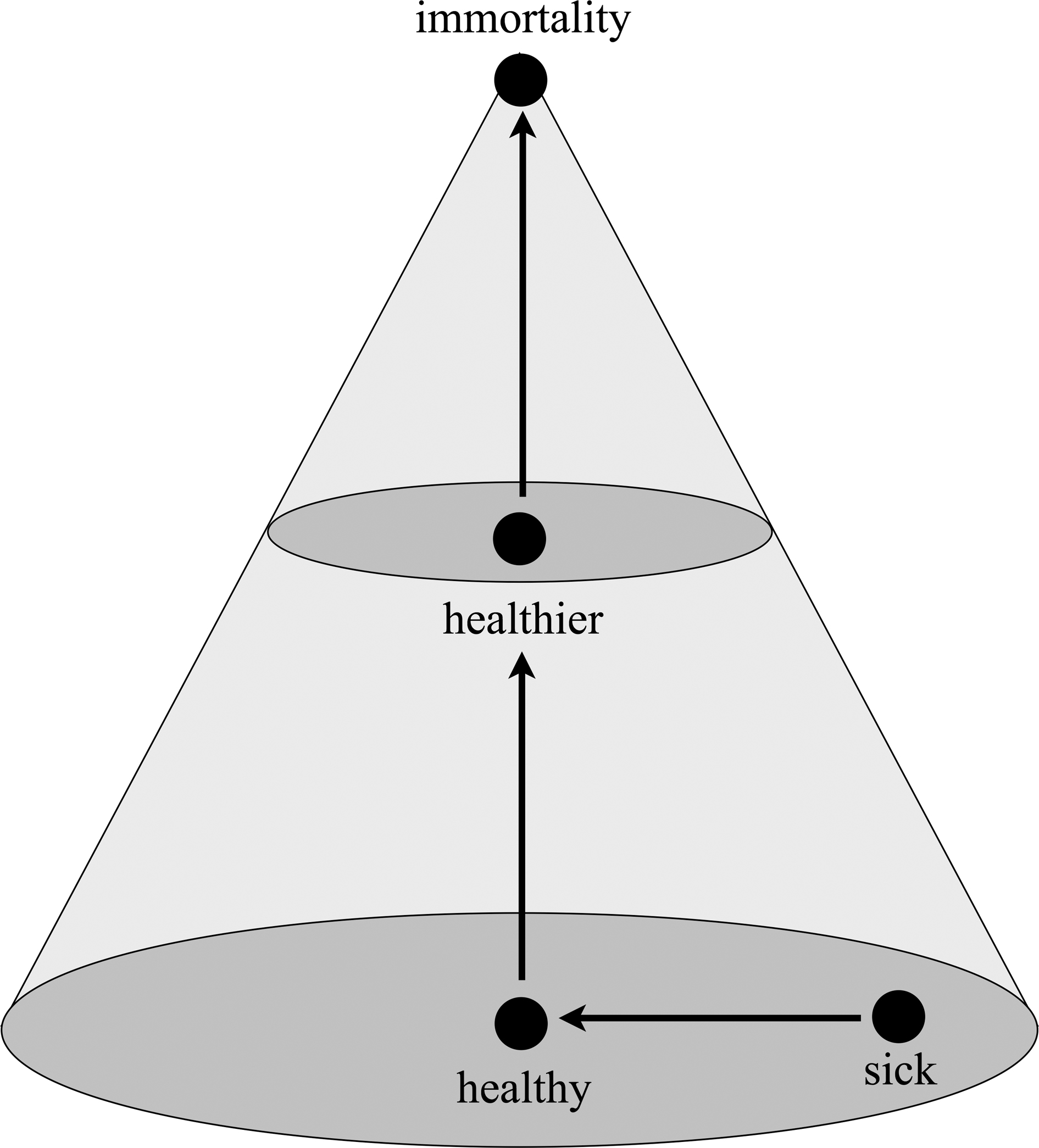 In a cone-shaped diagram, the center of the wide, base level is labeled (in English) “healthy,” the middle level is labeled “healthier,” and the pointed top is labeled “immortality.” Near the right edge of the base level is the word “sick,” with an arrow pointing toward “healthy.”