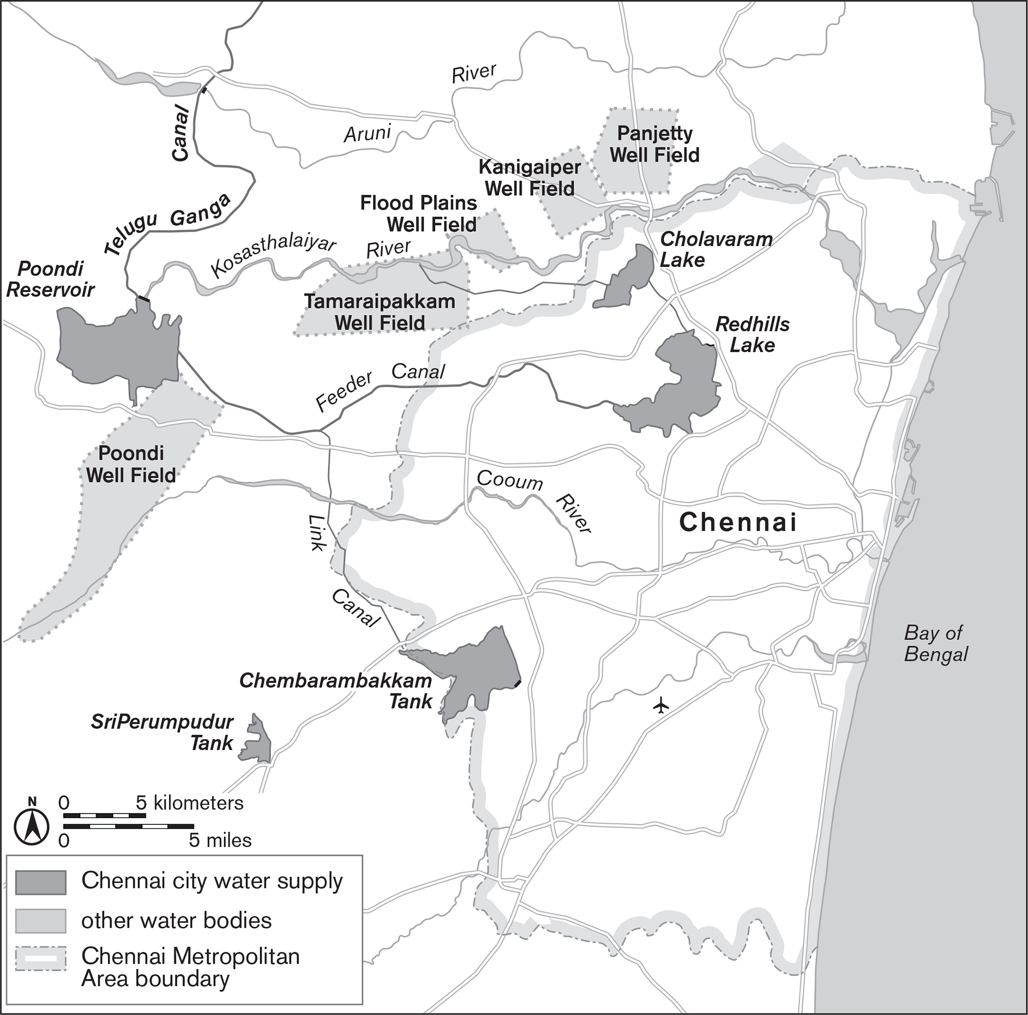 This map of the city of Chennai shows the water sources that make up the Chennai city water supply, including the Poondi Reservoir to the west, Cholavaram Lake and Redhills Lake in the north-central part of the city, and Chembarambakkam Tank and SriPerumpudur Tank to the southwest. Also pictured are several well fields, rivers, and canals.
