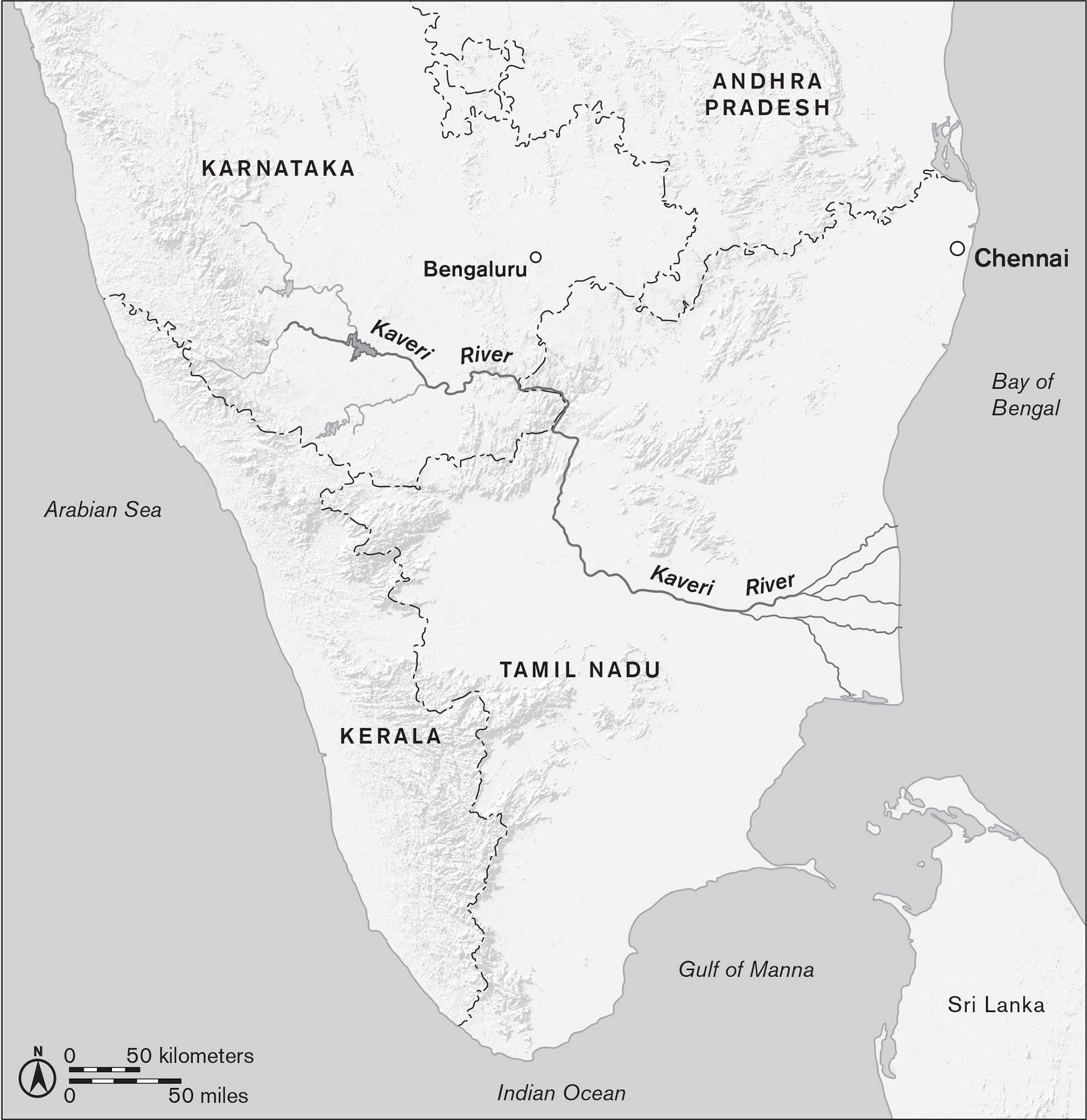This map shows the Kaveri River flowing from the highlands of Karnataka east through Tamil Nadu, dividing into several branches before reaching the Bay of Bengal.