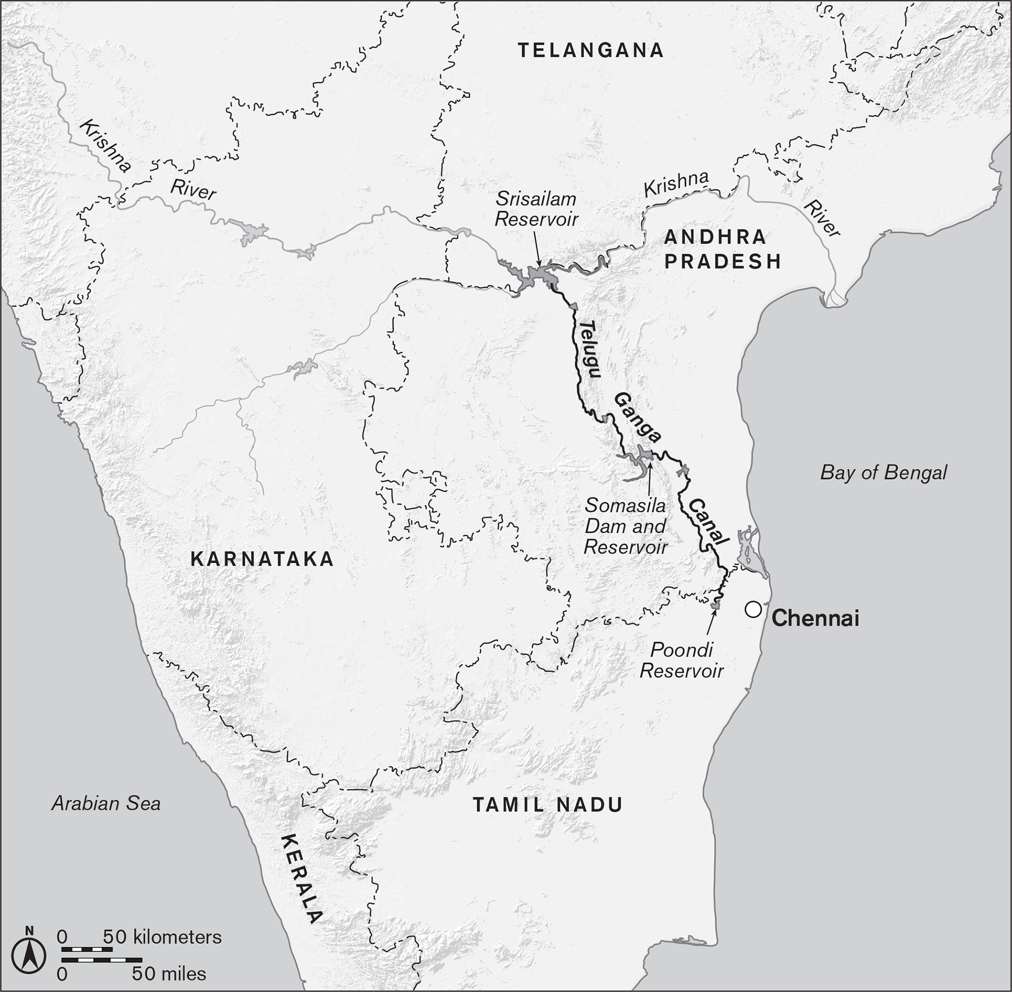This map shows the components of a water project that brings water from the Krishna River and Srisailam Reservoir in Andhra Pradesh through a series of canals to the Poondi Reservoir near Chennai in Tamil Nadu.