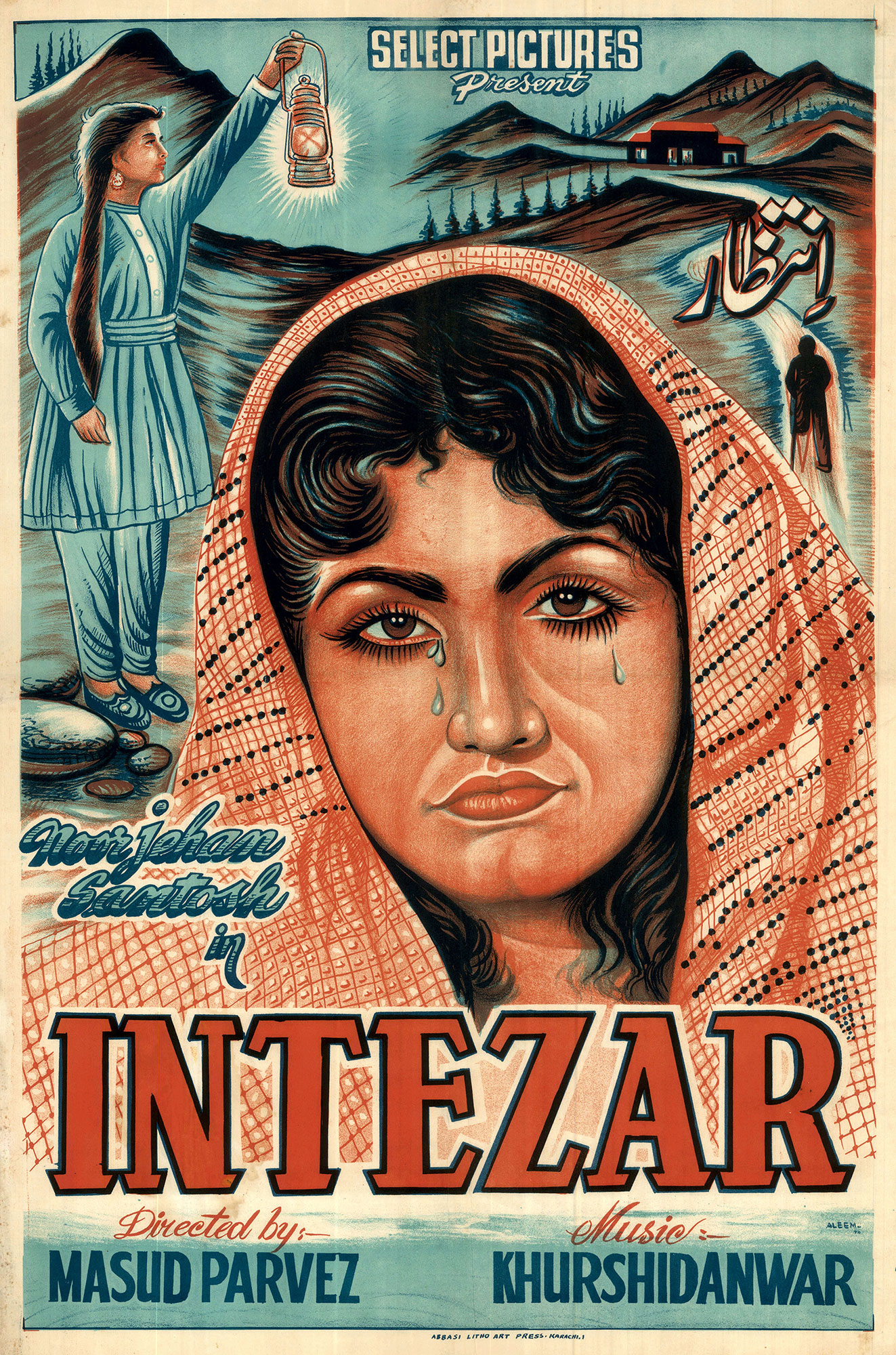 A painted publicity poster of the film Intezar, showing mountains at the top, with an adolescent girl, a young Nimmi, standing in full profile at the top left and holding up a lantern towards a distant building at the top right. The center of the poster shows a large portrait of a weeping woman with a scarf on her head, Nimmi as an adult played by the famous actress Noor Jehan. Text on the poster reads “Select Pictures present Noor Jehan Santosh in Intezar, directed by Masud Parvez, music Khurshidanwar.”