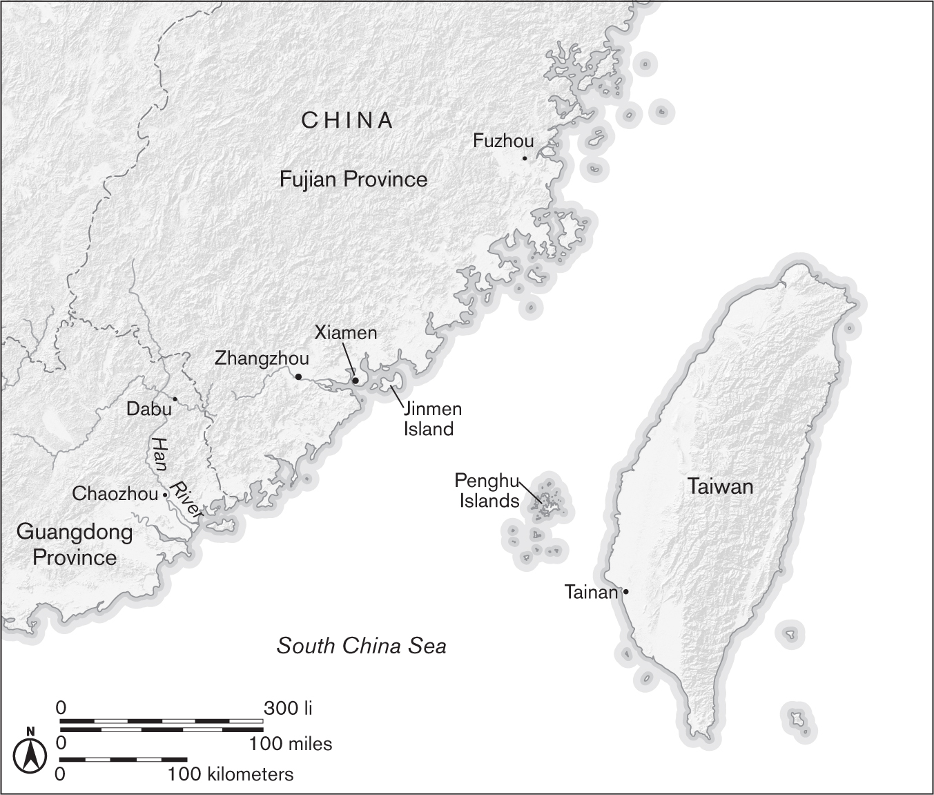 This line-drawn map shows Fujian Province in China to the west, the island of Taiwan to the east, and the Penghu Islands in the strait between the two.