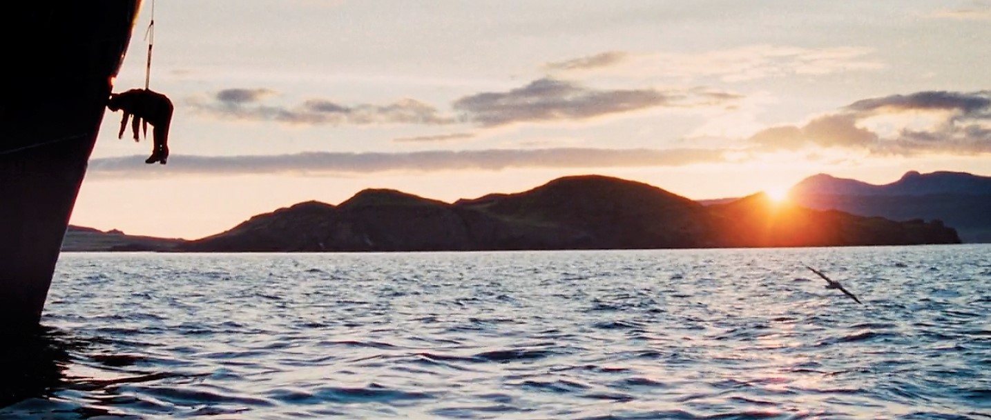 Silhouette of an impaled body dangling from a harpoon off the side of a ship against the background of the sun setting over a picturesque landscape of mountains and sea.