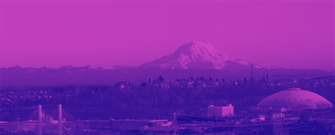 view of Mount Rainier and the Port of Tacoma from the 4th floor of the TLB, colorized in pink and purple