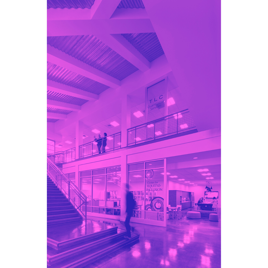 Stairway looking at the CEI and TLC Quantitative Center above it, colorized in pink and purple