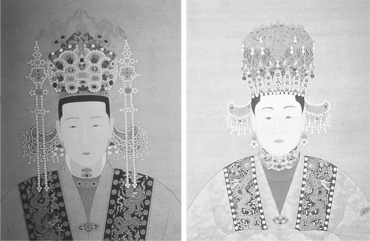 Two portraits of women wearing richly brocaded clothes and tall, elaborate headdresses.