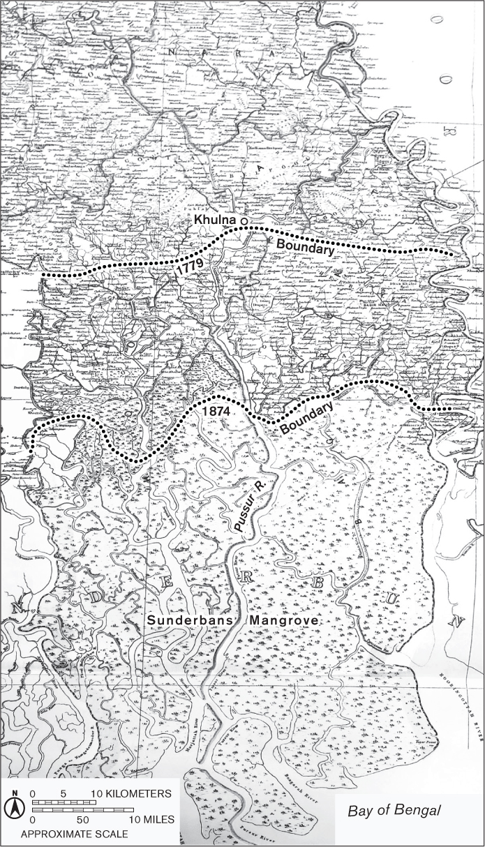 This historical black-and-white map shows the 1779 boundary of the Sundarbans passing near the town of Khulna in the north, while the 1874 boundary is further south, closer to the bay. It also shows the extensive mangroves in the area.