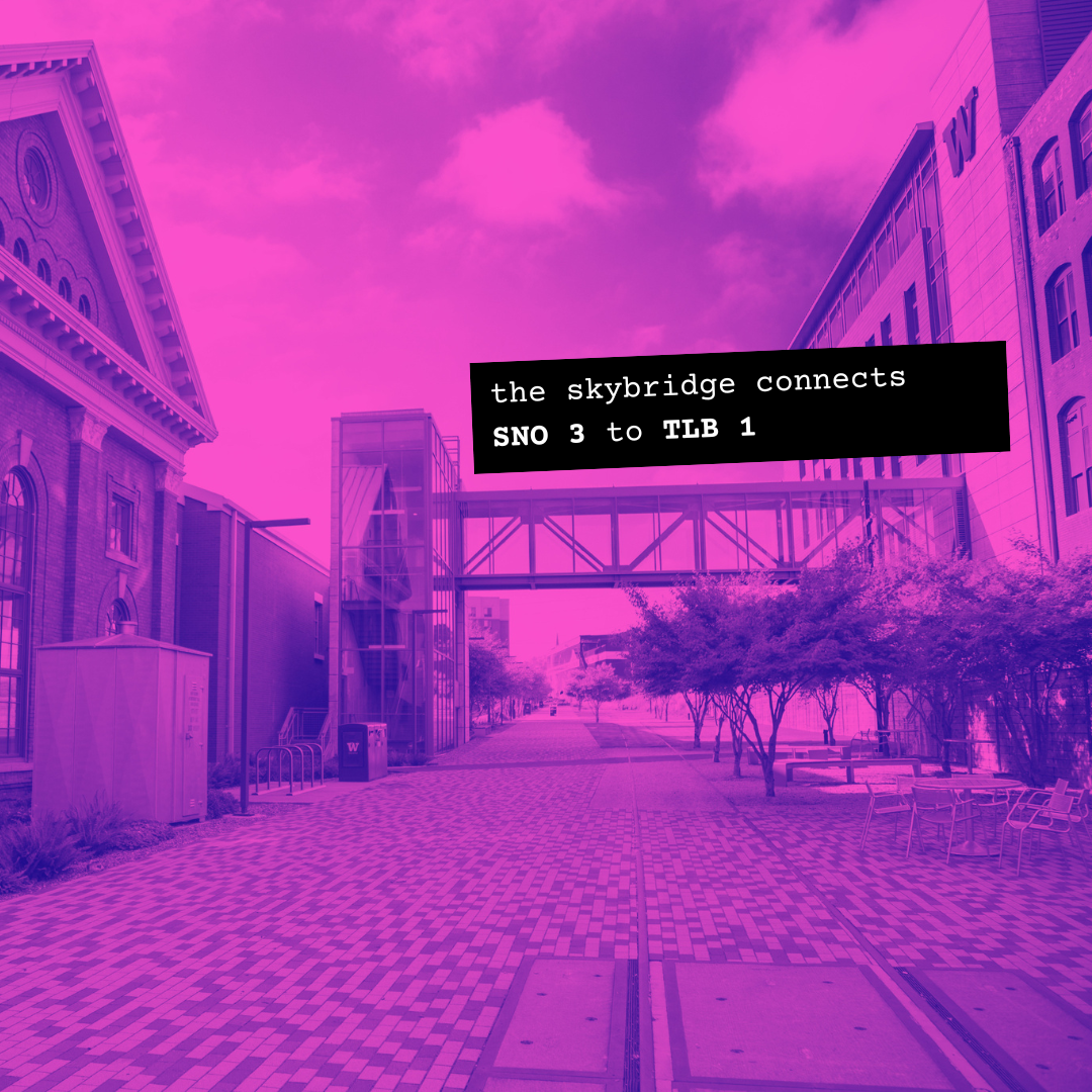 skybridge over the Prairie Line Trail that connects the Snoqualmie Building to the Tioga Library Building, colorized in pink and purple