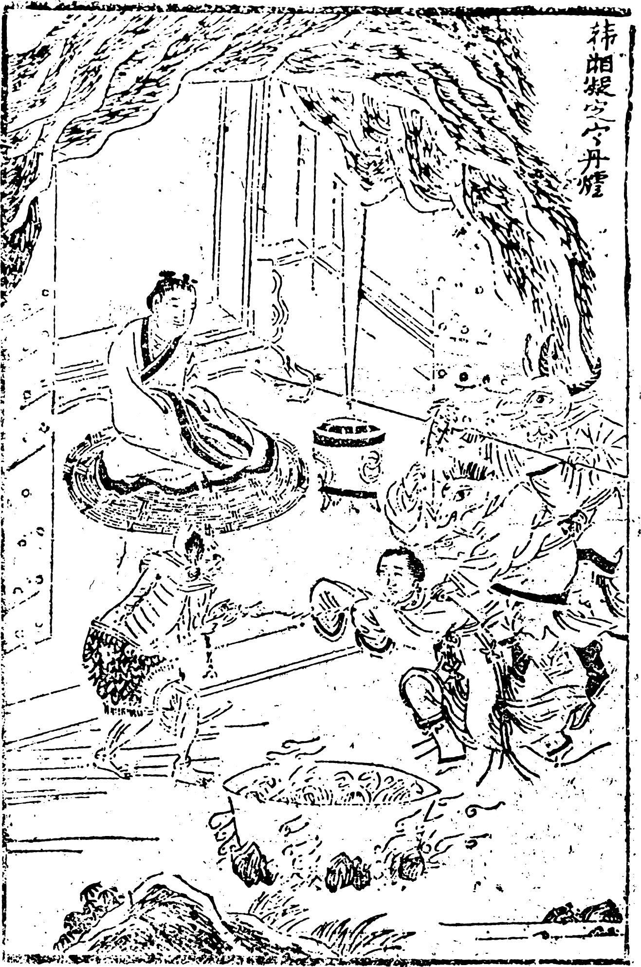 A drawing of a person sitting calmly on a patio alongside a covered pot, while demonic figures gather around an open cauldron on the ground nearby.