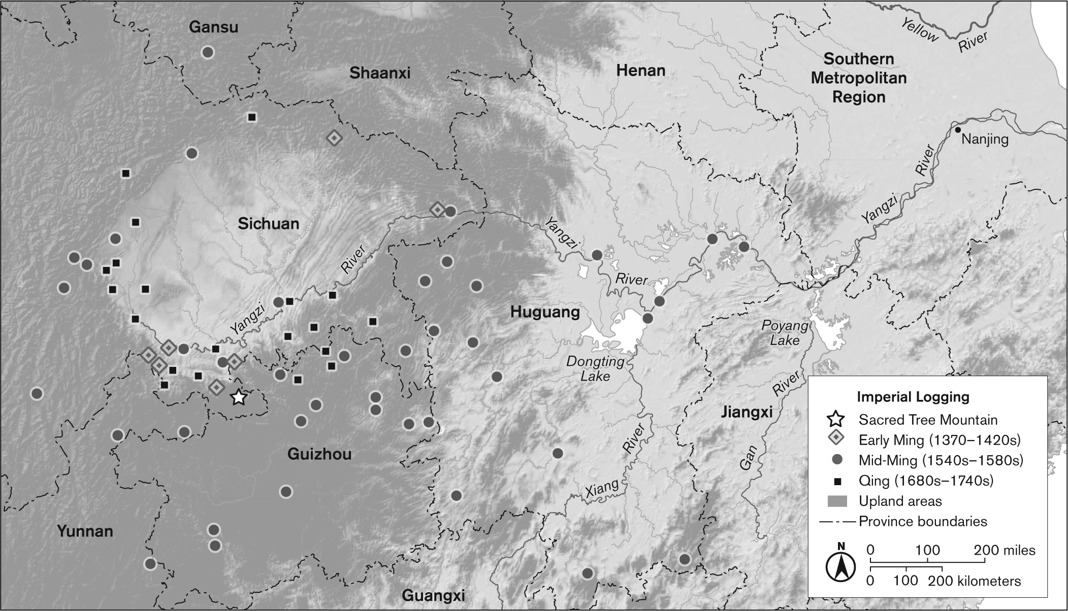 A map showing several provinces in the southern region and logging areas in the Ming and Qing dynasties.