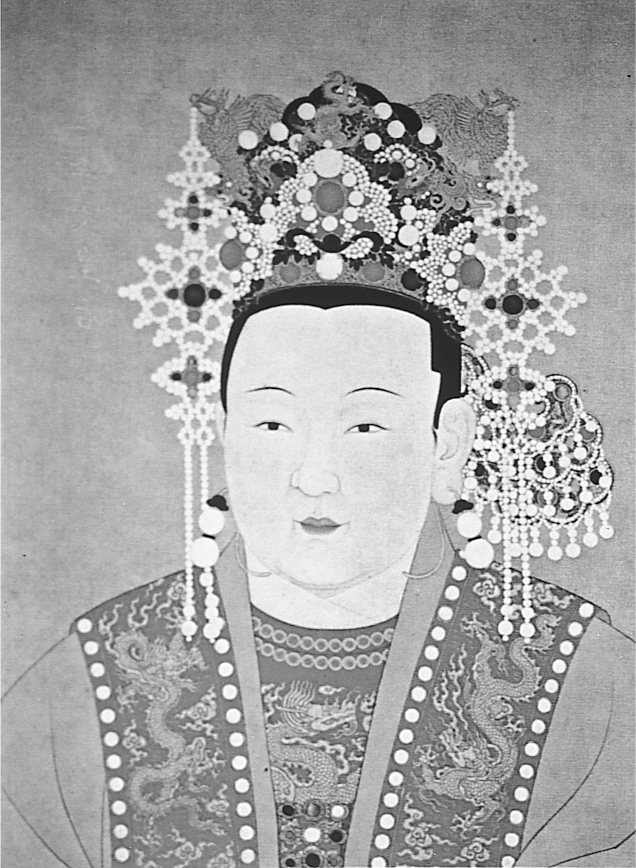A portrait of a young woman wearing a richly brocaded robe and a tall, elaborate headdress.