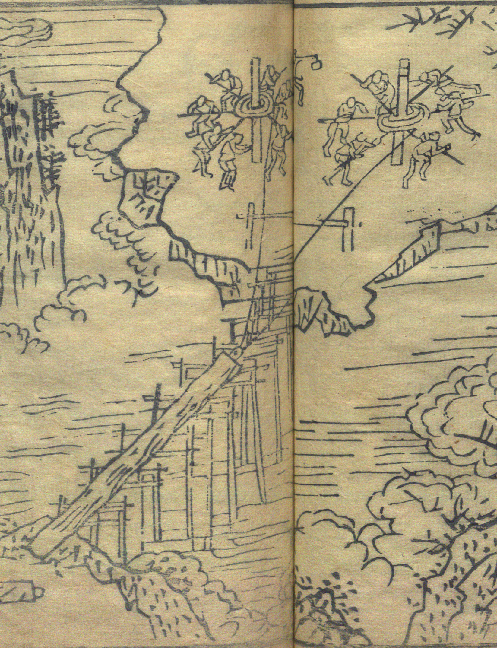 A print with black ink on yellowed paper showing men using ropes and a capstan to pull a log across a chasm.
