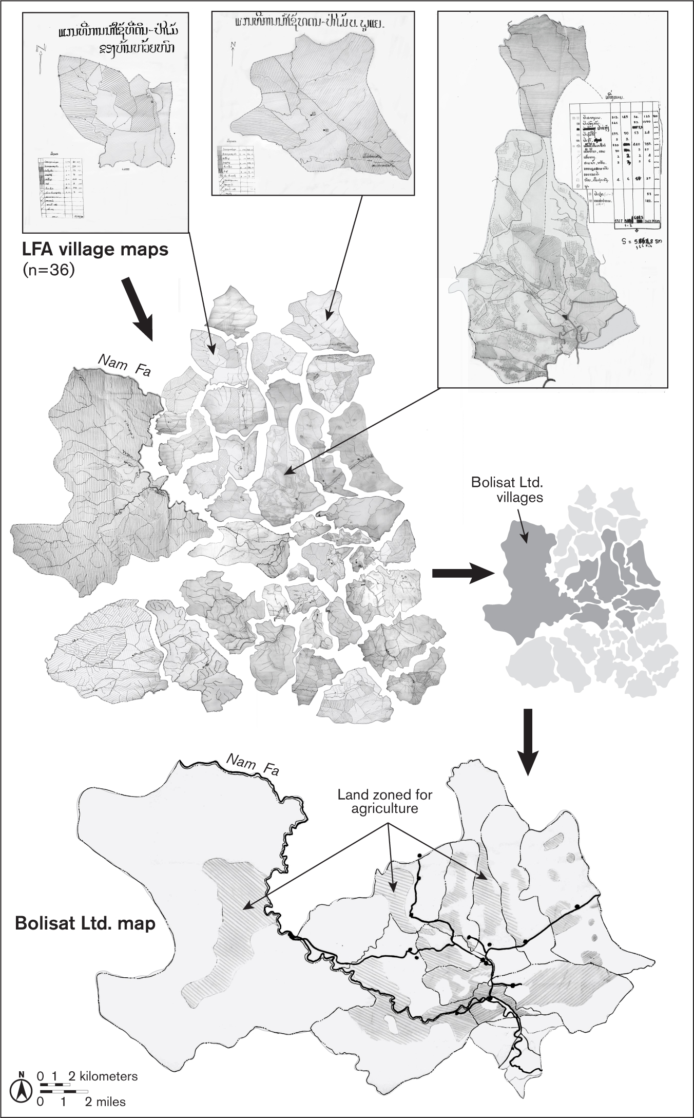 This cartographic figure shows a flow chart from the original set of LFA maps, which includes 36 village maps, to the Bolisat Ltd. Map. The Bolisat map is the same shape shown in maps 4.1 and 4.2. An intermediate stage in the flow chart shows the 12 Bolisat Ltd. villages highlighted among the 36. 