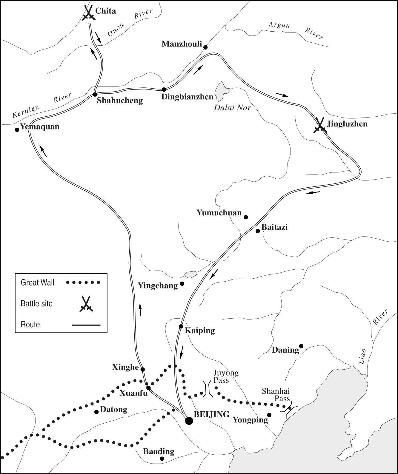 A line-drawn map showing a route north from Beijing to a battle site at Chita, then east to a battle site at Jingluzhen, then southwest to Beijing.