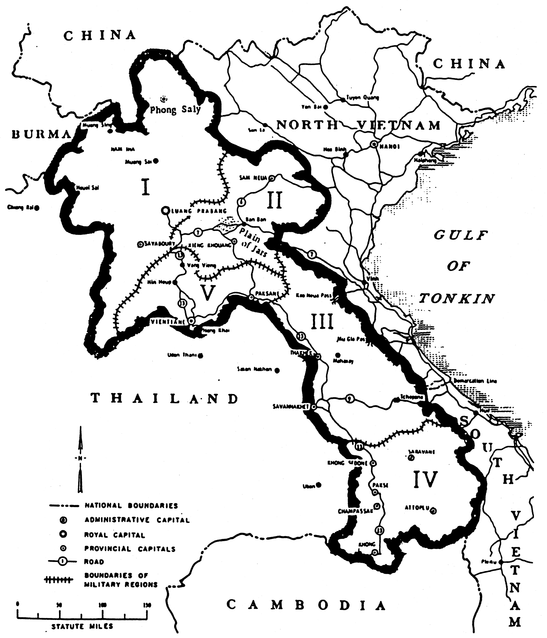 This black-and-white, line-drawn map of Laos shows Cold-War-era military regions along with major roads and cities. There are no roads shown in northwestern Laos north of Luang Prabang city.