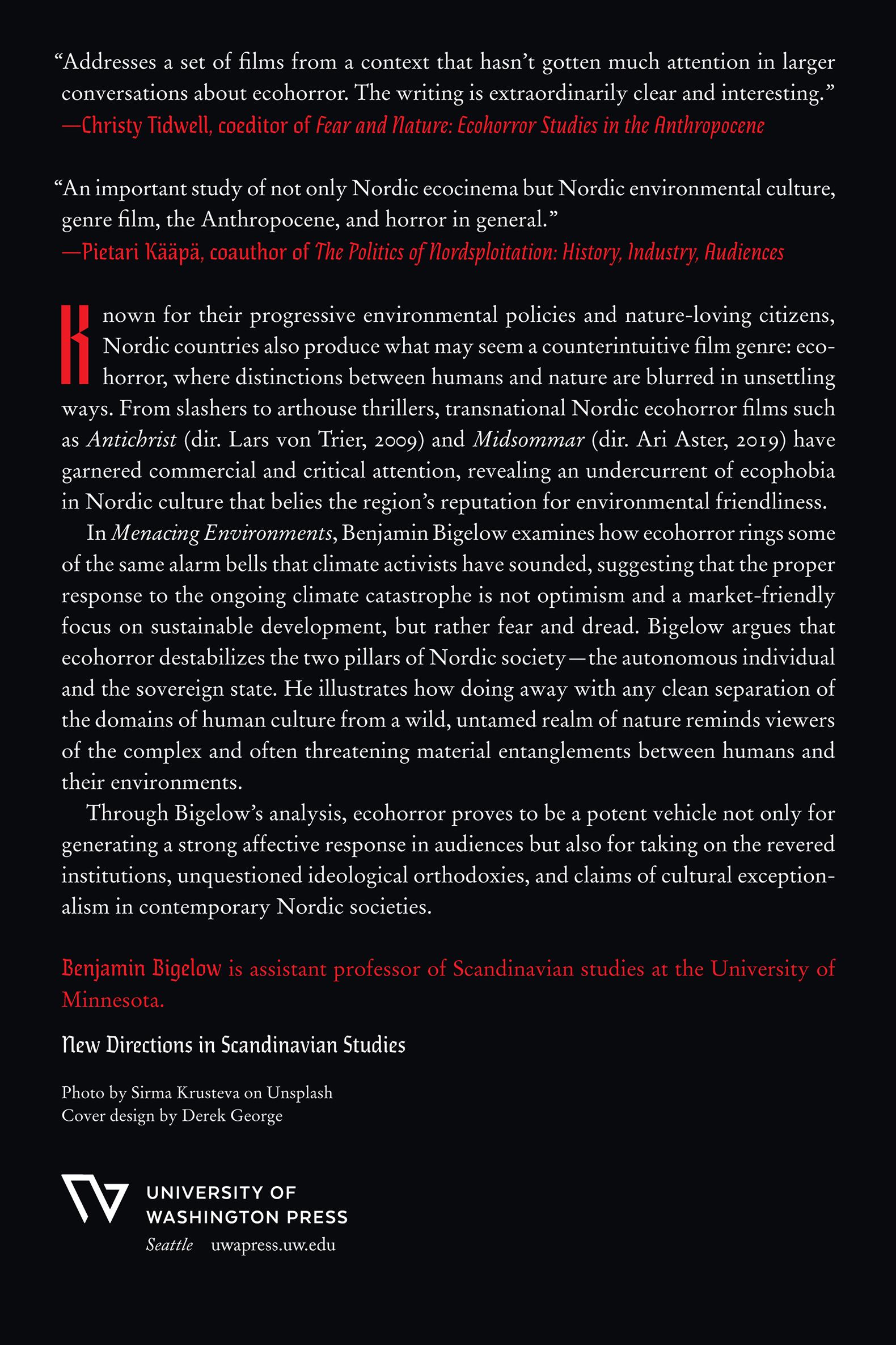 Backcover: Menacing Environments, Ecohorror in Contemporary Nordic Cinema by Benjamin Bigelow