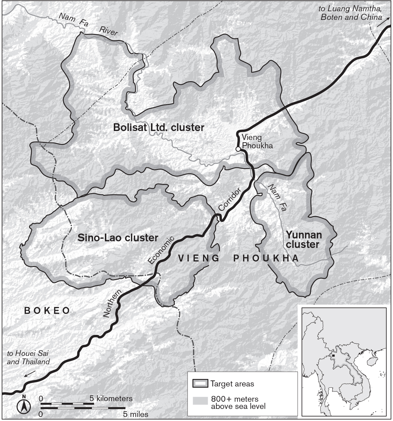This map of the Vieng Phoukha district shows three rubber-company target areas, cross-cut by the NEC, which runs northeast (from Luang Namtha and China) to southwest (to Bokeo and Thailand). The “Bolisat Ltd. cluster” fills most of the top of the map and sits mostly to the left (west) of the NEC; the “Sino-Lao cluster” sits in the lower left (southwest) of the district, also mostly west of the NEC; and the “Yunnan cluster,” smaller than the other two, sits in the lower right, east of the NEC.
