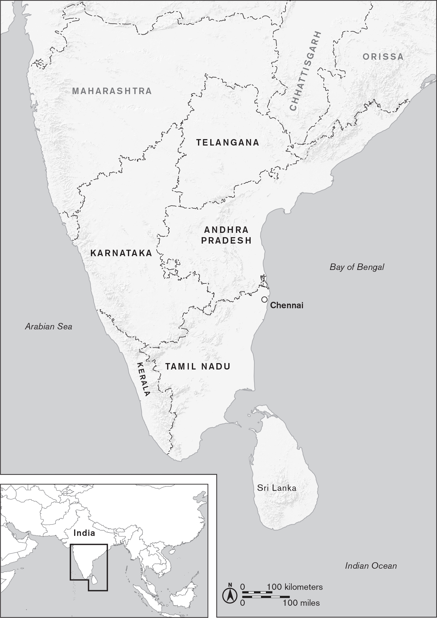 The map shows the five Southern Indian states, including Kerala along the coast in the southwest, Tamil Nadu in the southeast, Karnataka bordering both to the northwest, Andhra Pradesh to the northeast, and Telangana landlocked between Karnataka and Andhra Pradesh to the north.