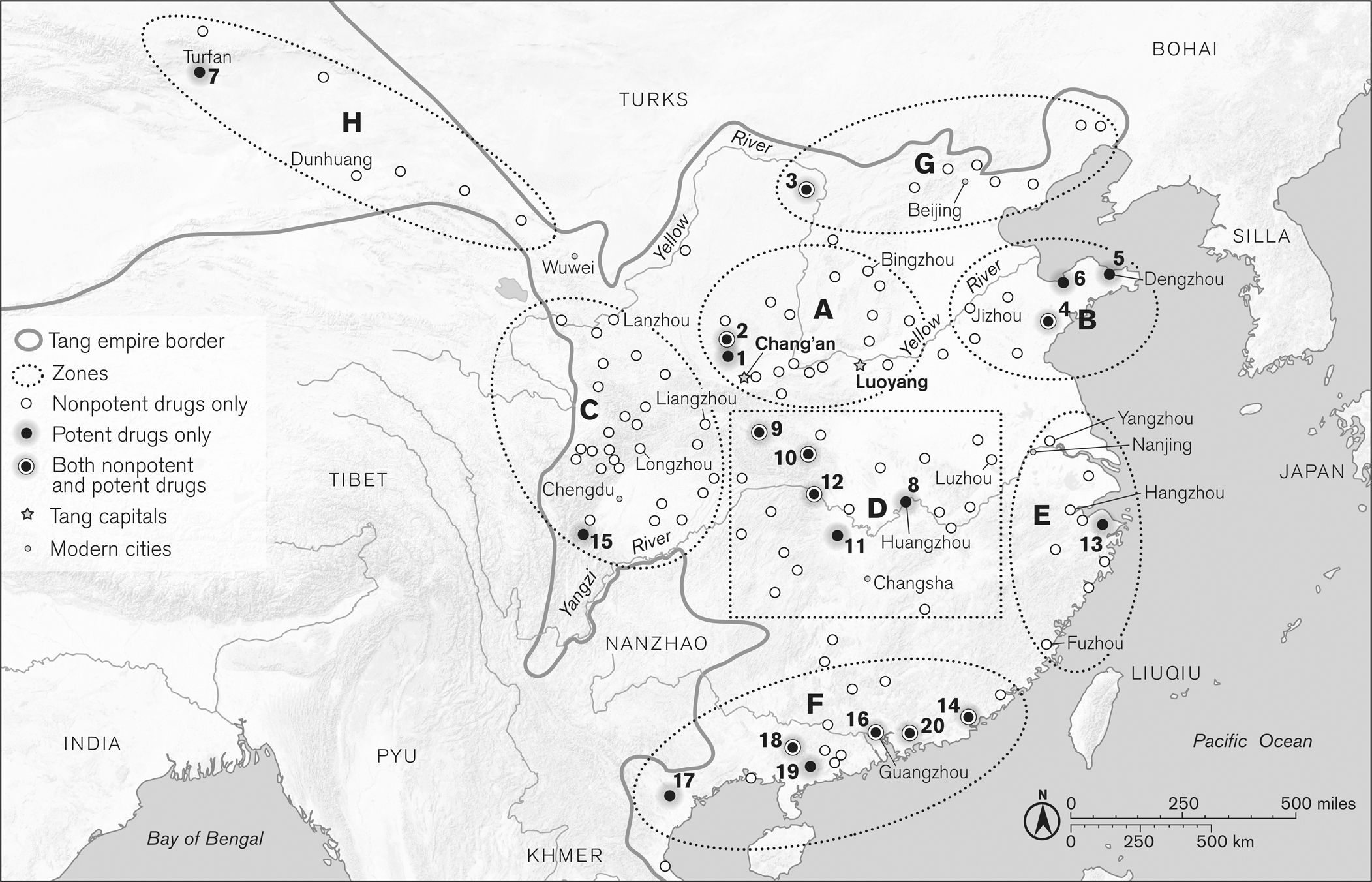 In a map of China and surrounding countries, 118 locations are keyed to show whether they contributed nonpotent drugs only (98 locations), potent drugs only (10 locations), or both nonpotent and potent drugs (10 locations) as tribute to the Tang court. Zones bounded by dotted lines and labeled with the letters A through H are discussed in the text and table 4.1. The map also shows Tang capitals and modern cities, as reference points.