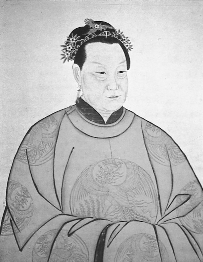 A portrait of an older woman wearing a small headdress and an embroidered robe.