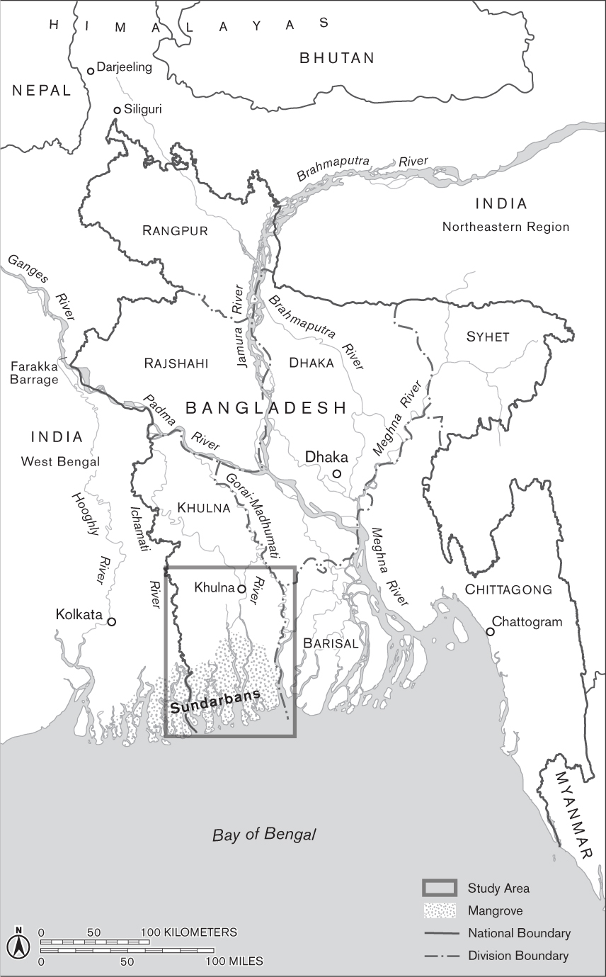 A map of Bangladesh shows several rivers flowing through the delta into the Bay of Bengal, including the Ganges, Padma, Brahmaputra, Jamura, and Meghna, among others. The map delineates the area of this study, including the Sundarbans in the middle of the delta up through the town of Khulna. About 40% of the area of the study is identified as mangroves.