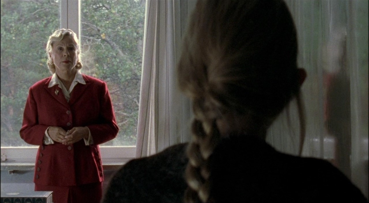 “In the foreground a person with a braid stands with their back to camera facing a woman standing in front of a window with curtains pulled to the right.”