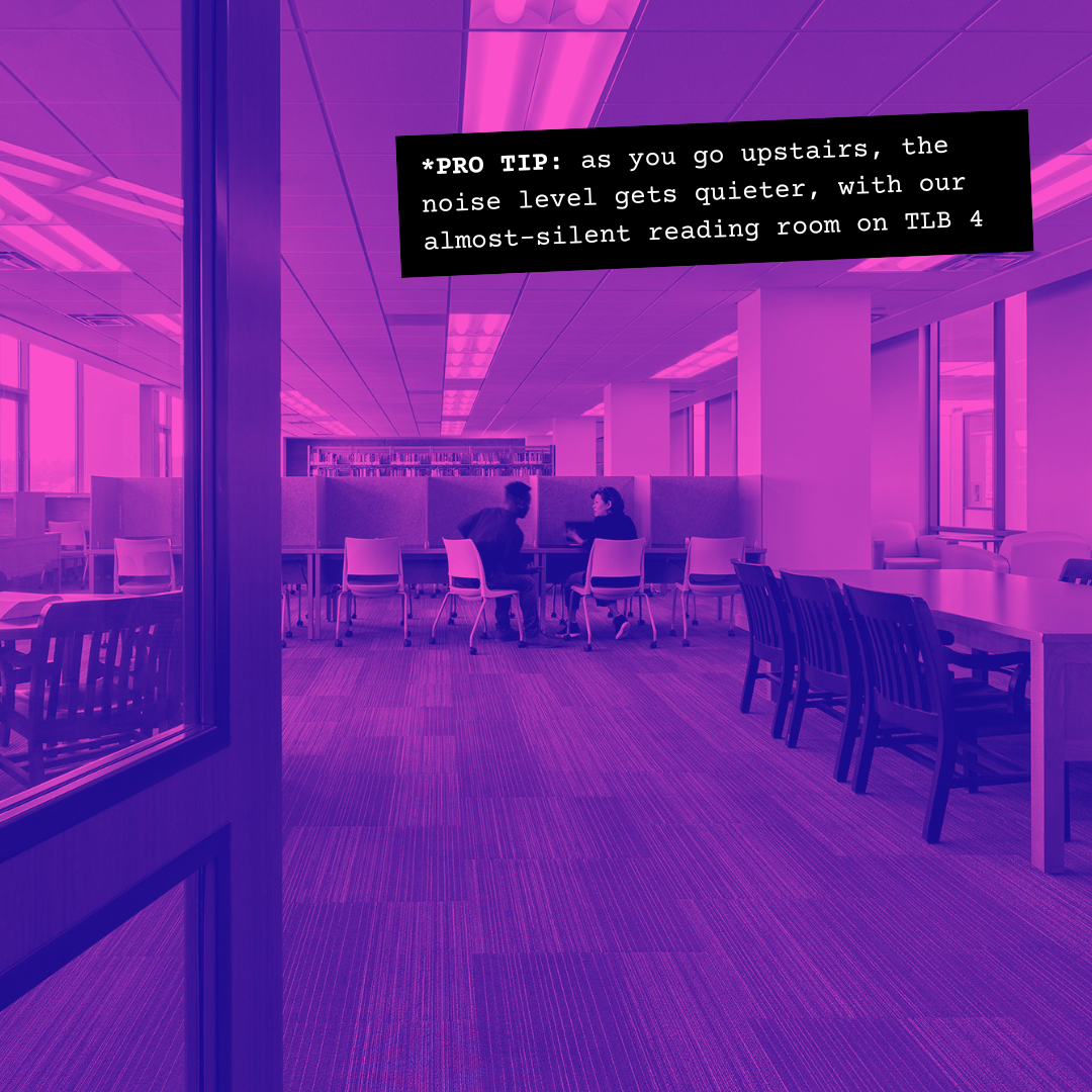 looking through doors onto TLB 4 quiet reading room, two people sit at study carrels next to each other, colorized in pink and purple